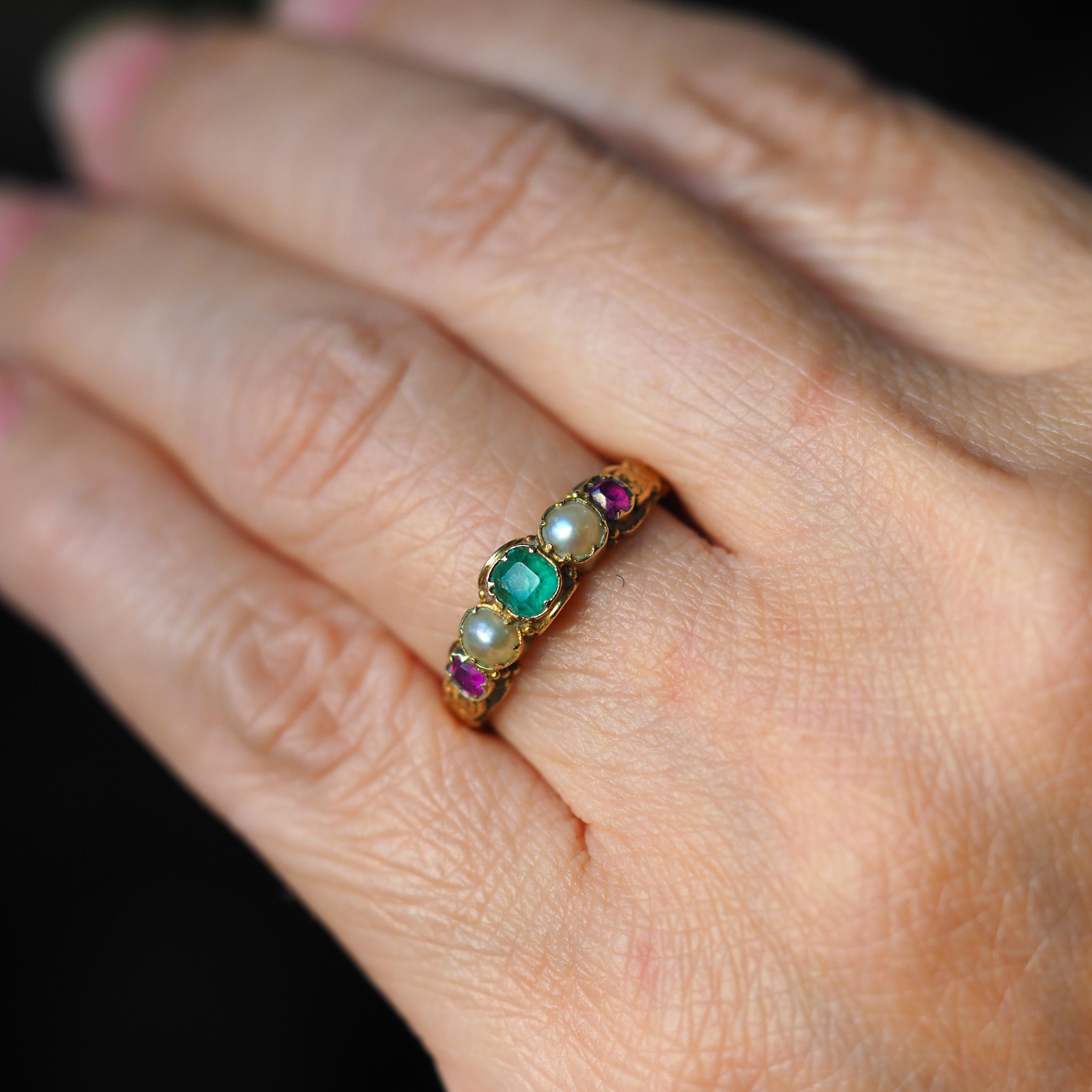 Antique Victorian 15K Gold Emerald, Garnet & Pearl Ring Suffragette - c.1880 8