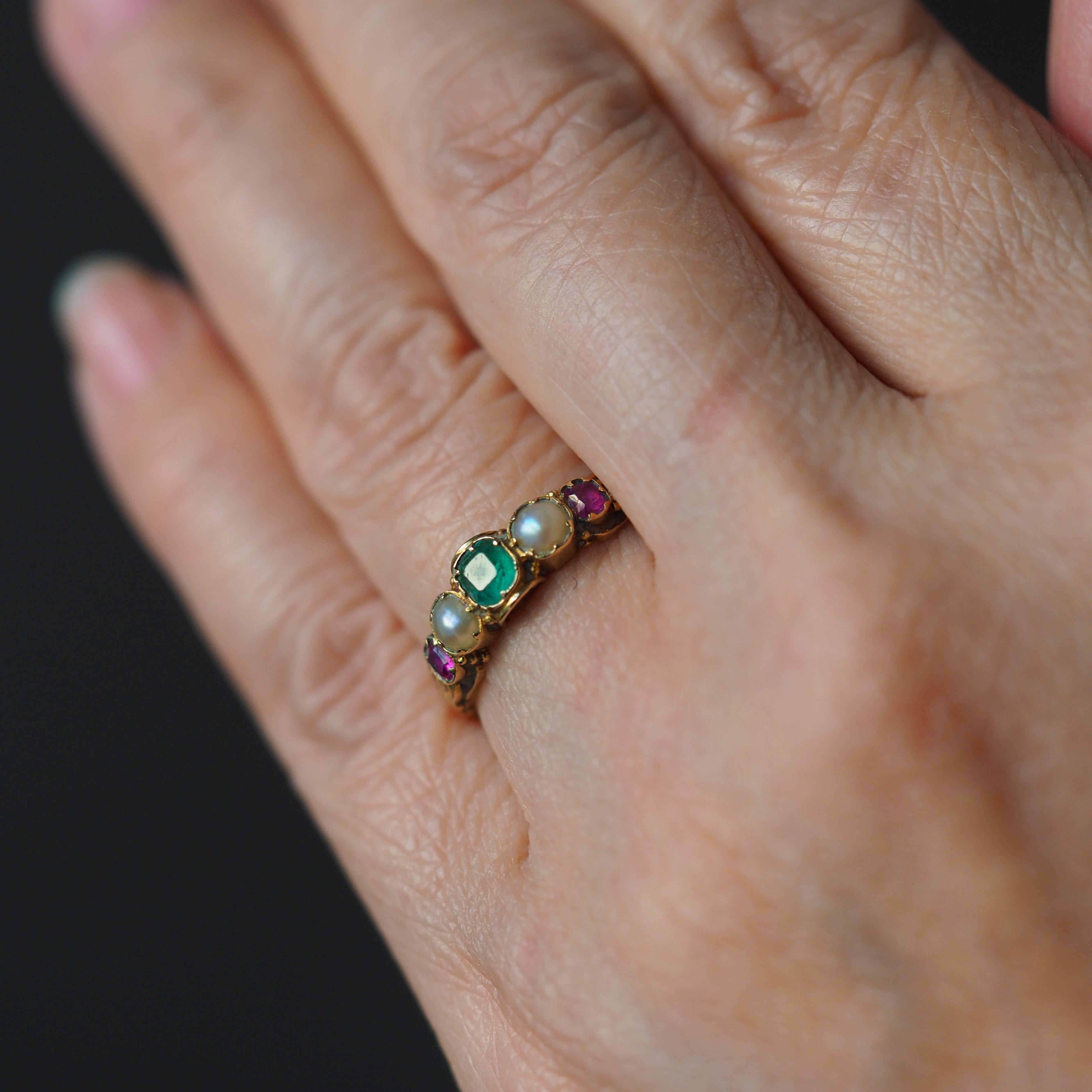 Antique Victorian 15K Gold Emerald, Garnet & Pearl Ring Suffragette - c.1880 10