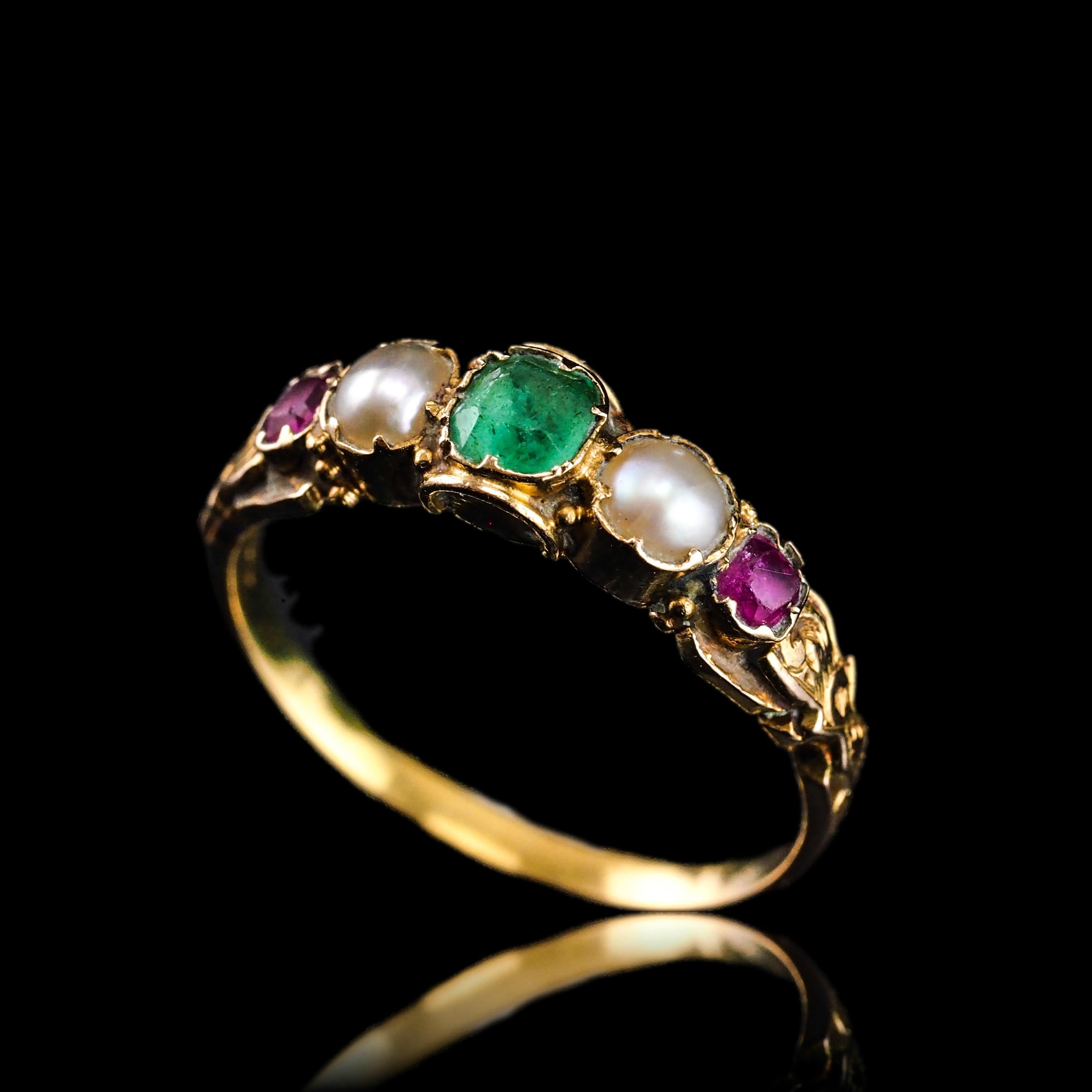 Antique Victorian 15K Gold Emerald, Garnet & Pearl Ring Suffragette - c.1880 11