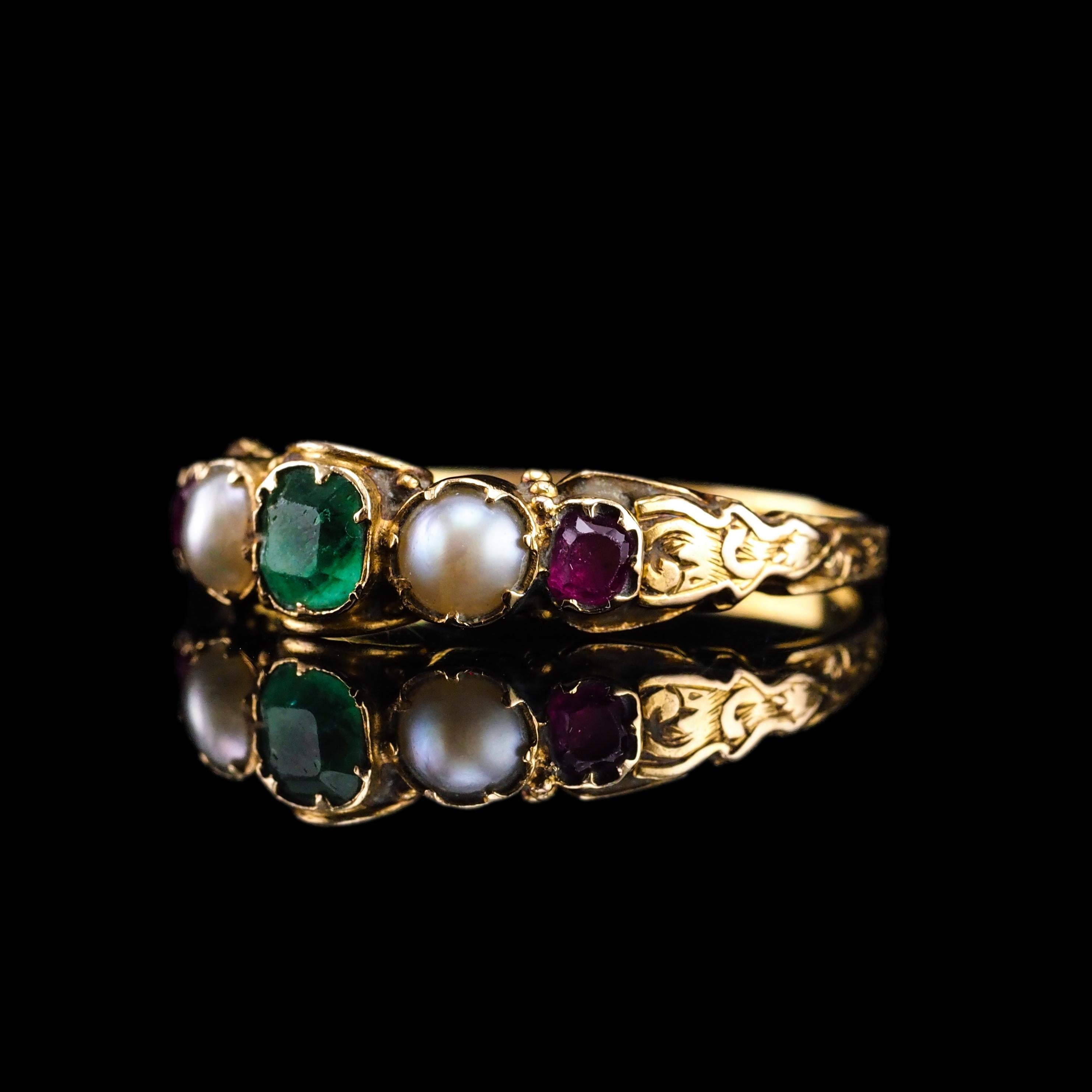 Antique Victorian 15K Gold Emerald, Garnet & Pearl Ring Suffragette - c.1880 12