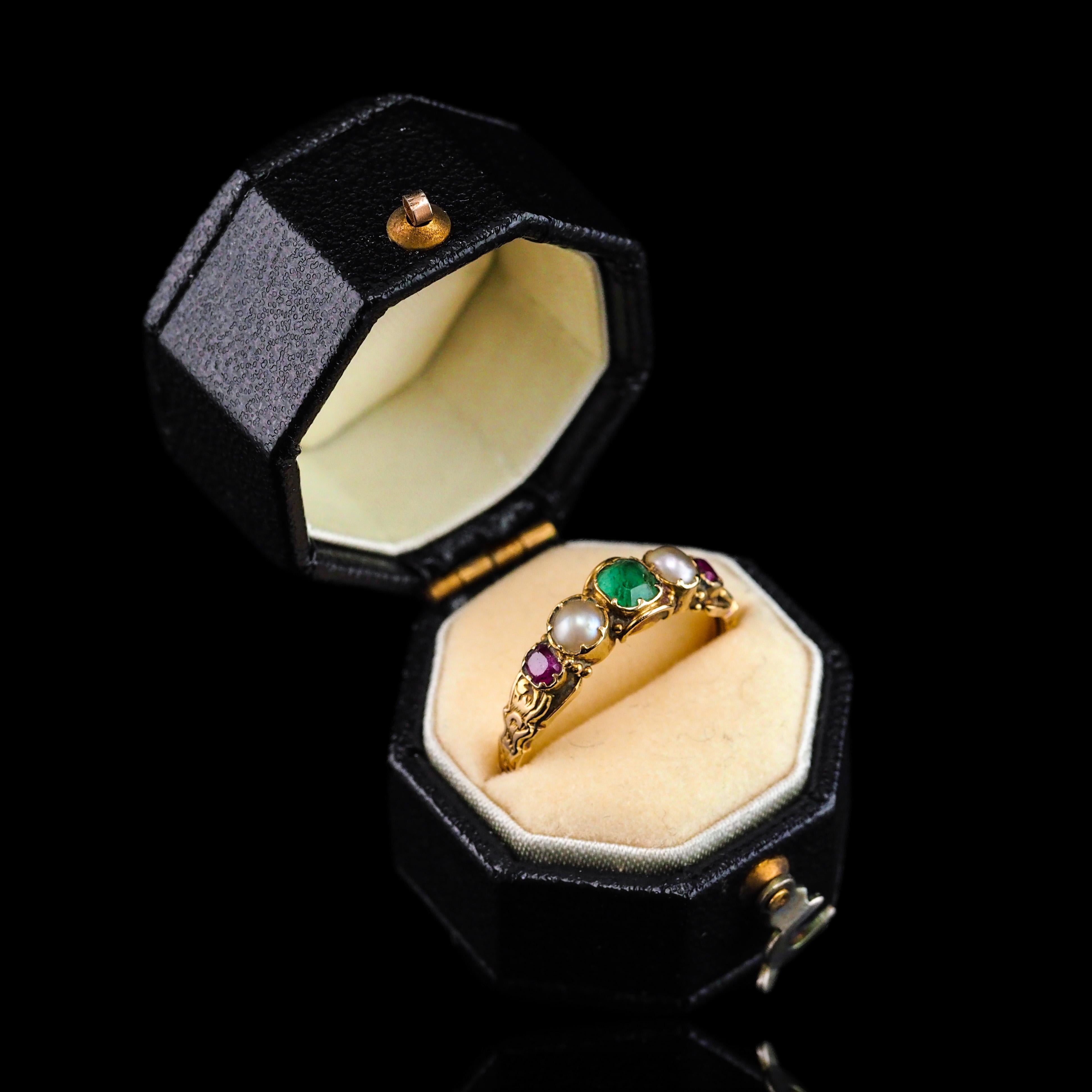 Antique Victorian 15K Gold Emerald, Garnet & Pearl Ring Suffragette - c.1880 13