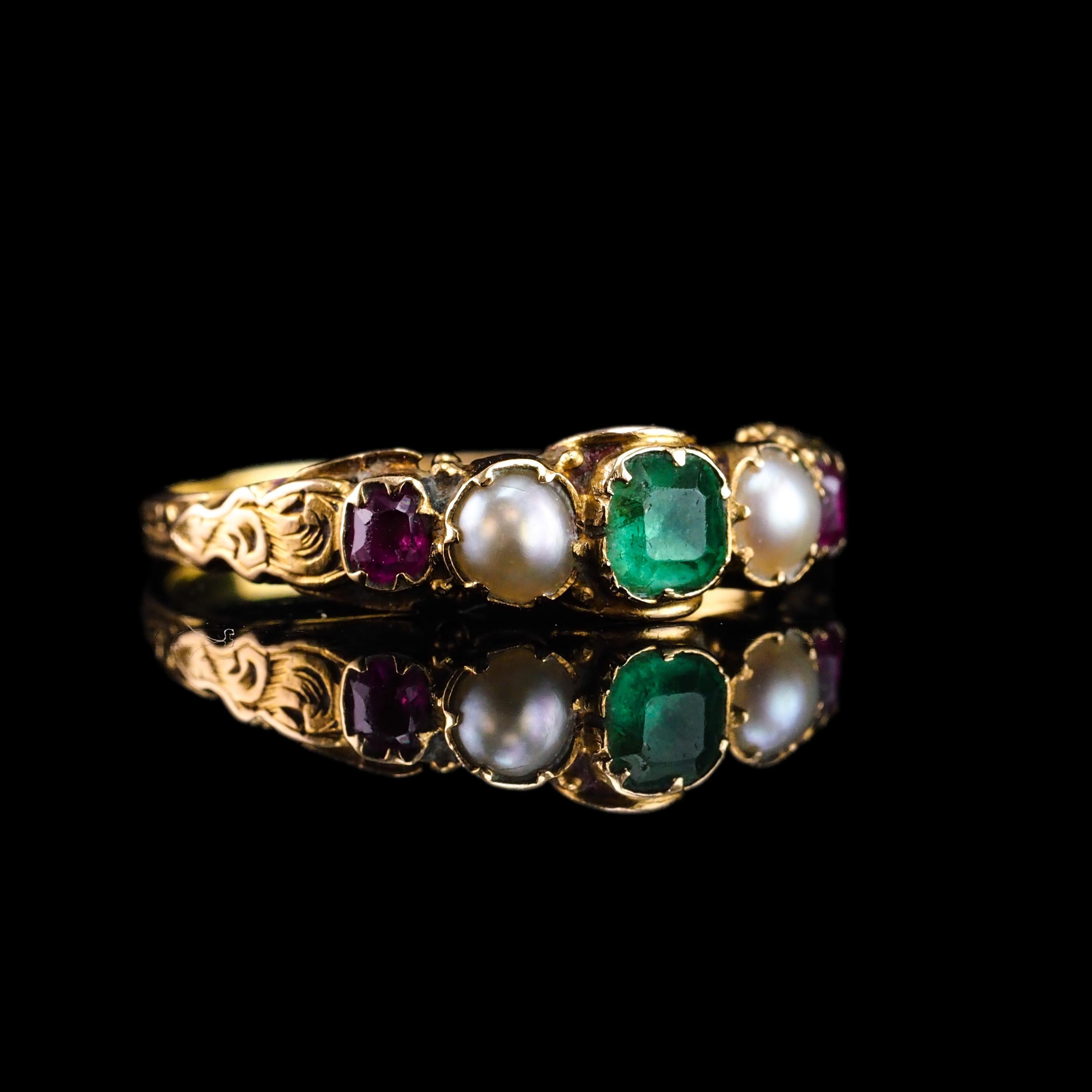 Antique Victorian 15K Gold Emerald, Garnet & Pearl Ring Suffragette - c.1880 14