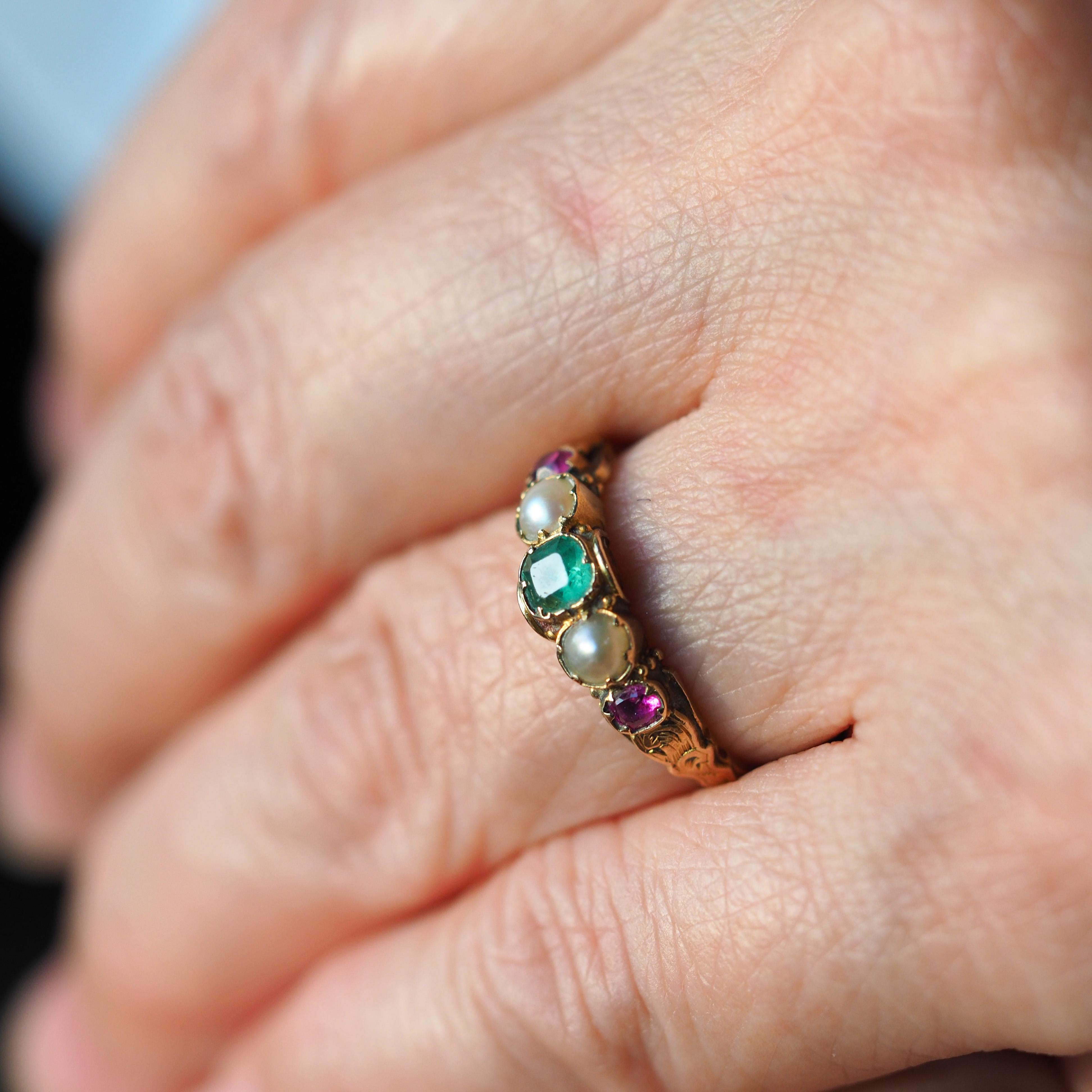 Emerald Cut Antique Victorian 15K Gold Emerald, Garnet & Pearl Ring Suffragette - c.1880