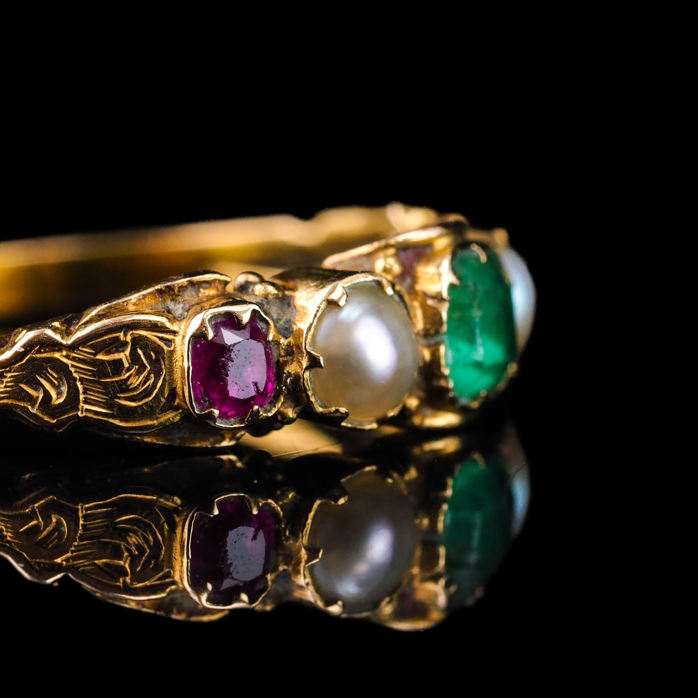 Antique Victorian 15K Gold Emerald, Garnet & Pearl Ring Suffragette - c.1880 1