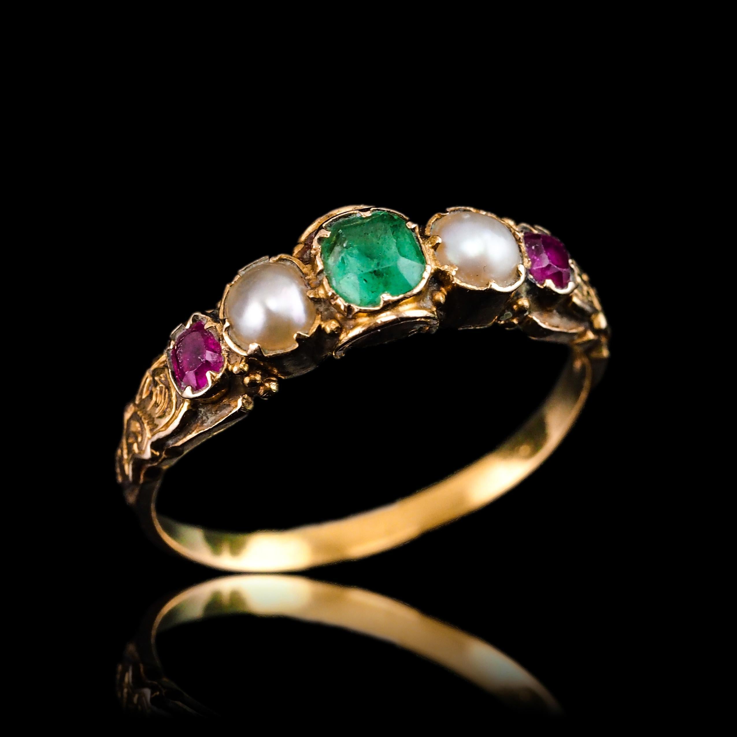 Antique Victorian 15K Gold Emerald, Garnet & Pearl Ring Suffragette - c.1880 2