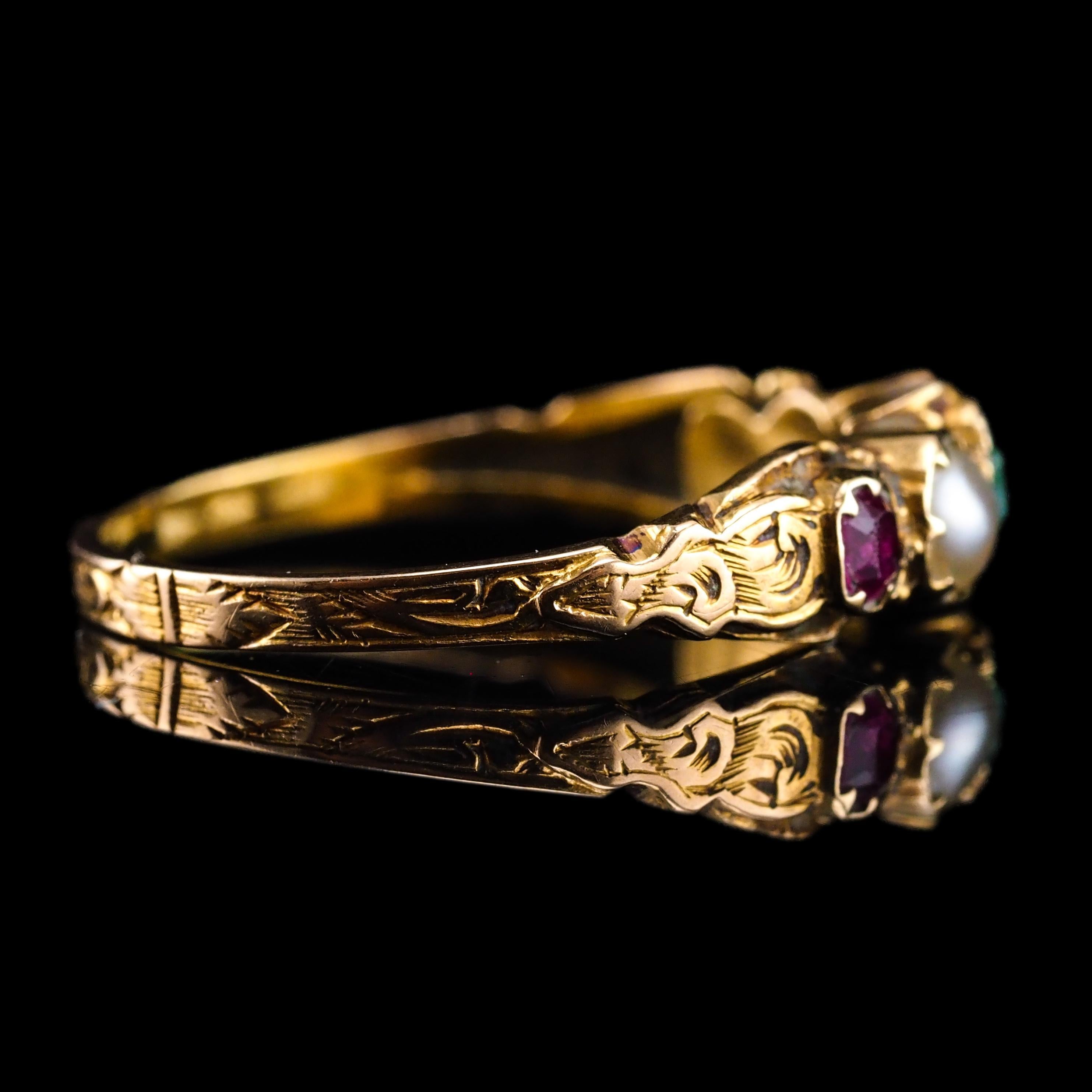Antique Victorian 15K Gold Emerald, Garnet & Pearl Ring Suffragette - c.1880 3