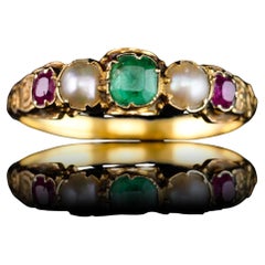 Antique Victorian 15K Gold Emerald, Garnet & Pearl Ring Suffragette - c.1880