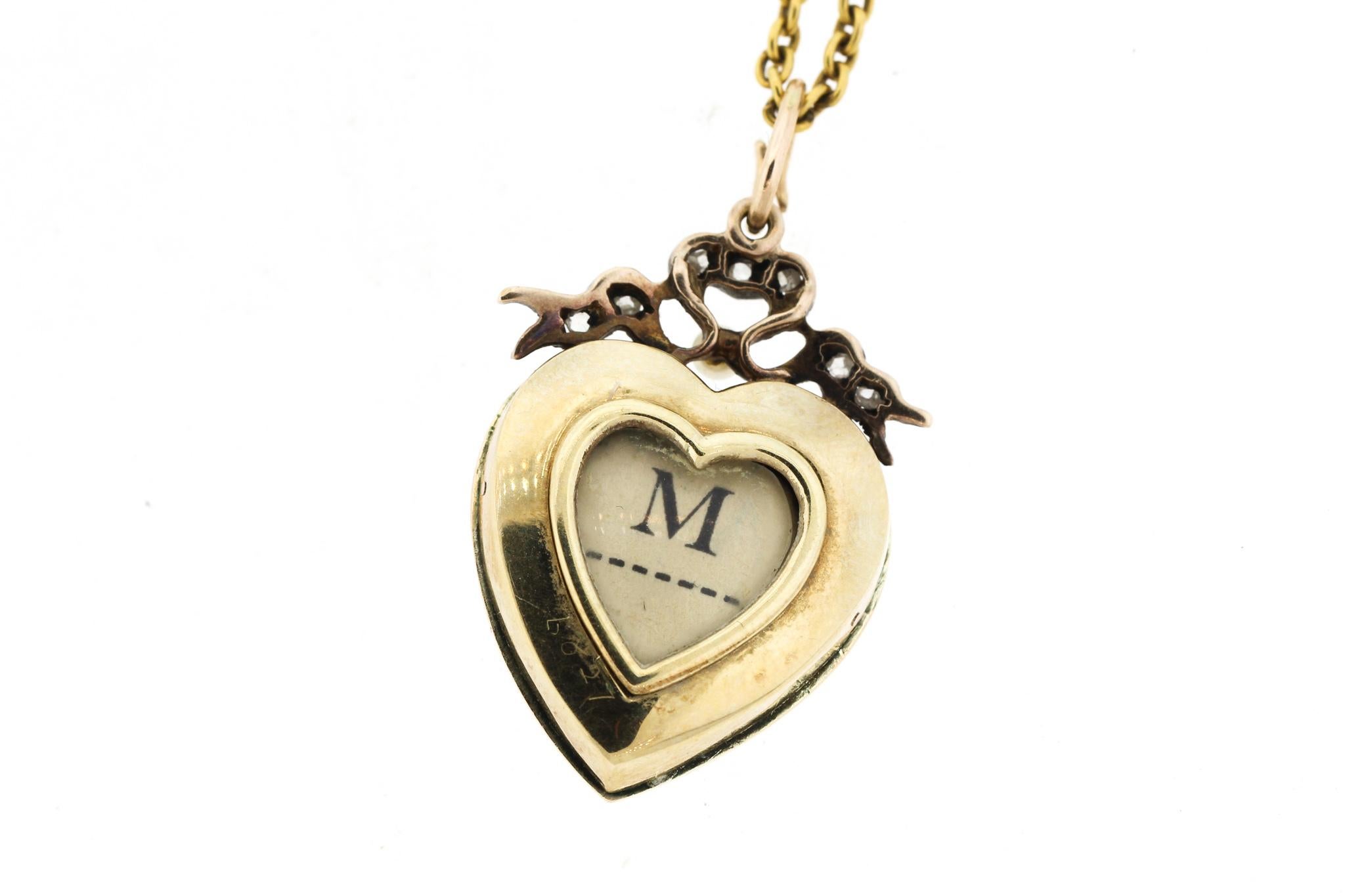 Late Victorian Antique Victorian 15 Karat Gold Enamel Seed Pearl Diamond Heart Pendant Necklace