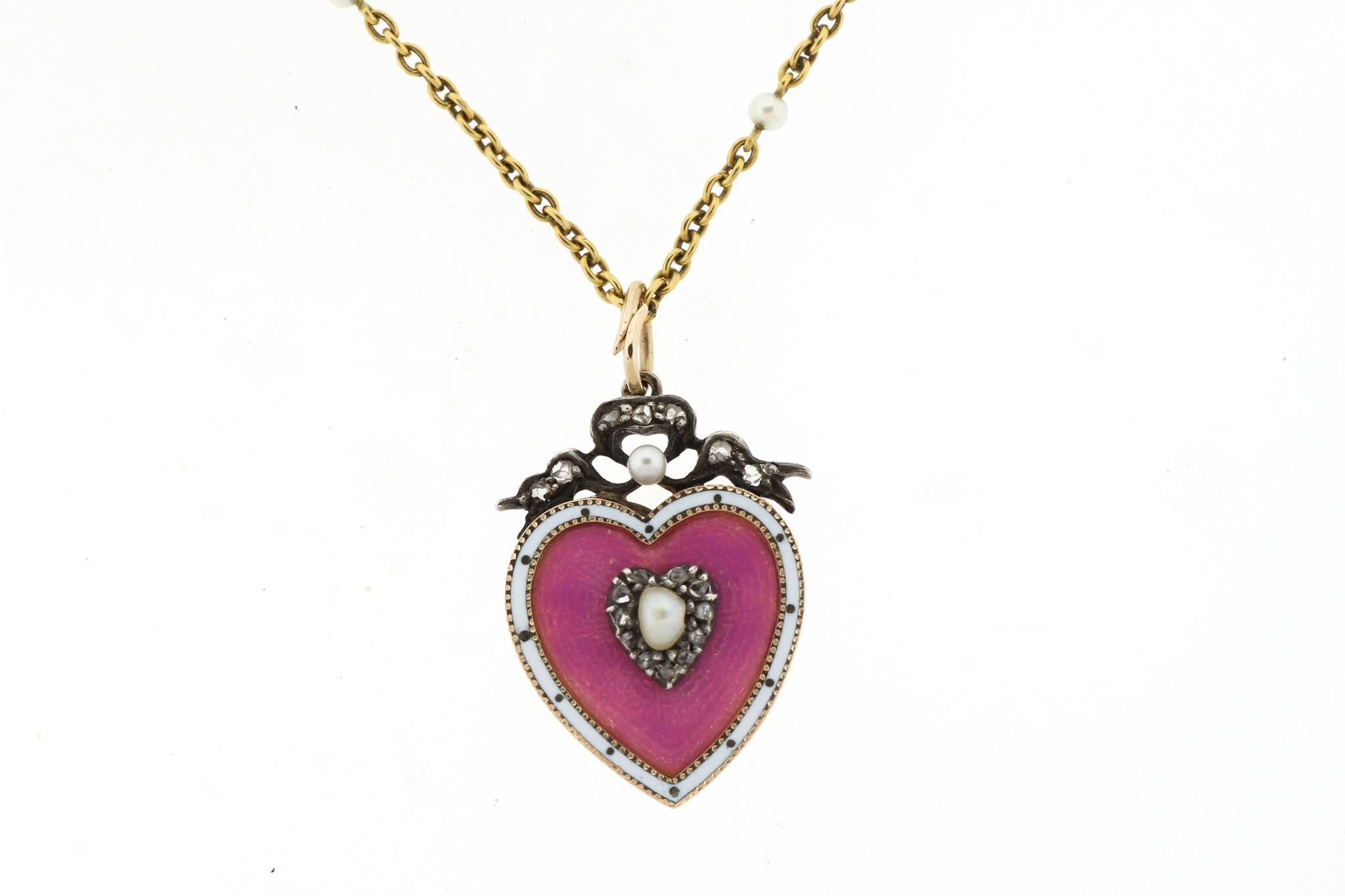 Women's Antique Victorian 15 Karat Gold Enamel Seed Pearl Diamond Heart Pendant Necklace