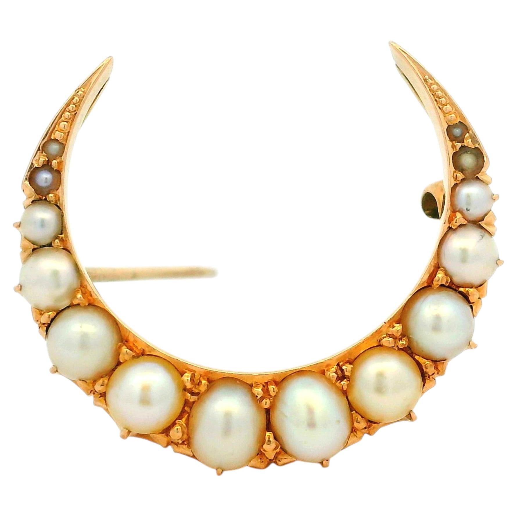 Antique Victorian 15K Gold Graduated Pearl Crescent Moon Brooch