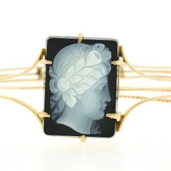 Antique Victorian 15k Gold Handmade Hardstone Cameo Hinged Open Bangle Bracelet