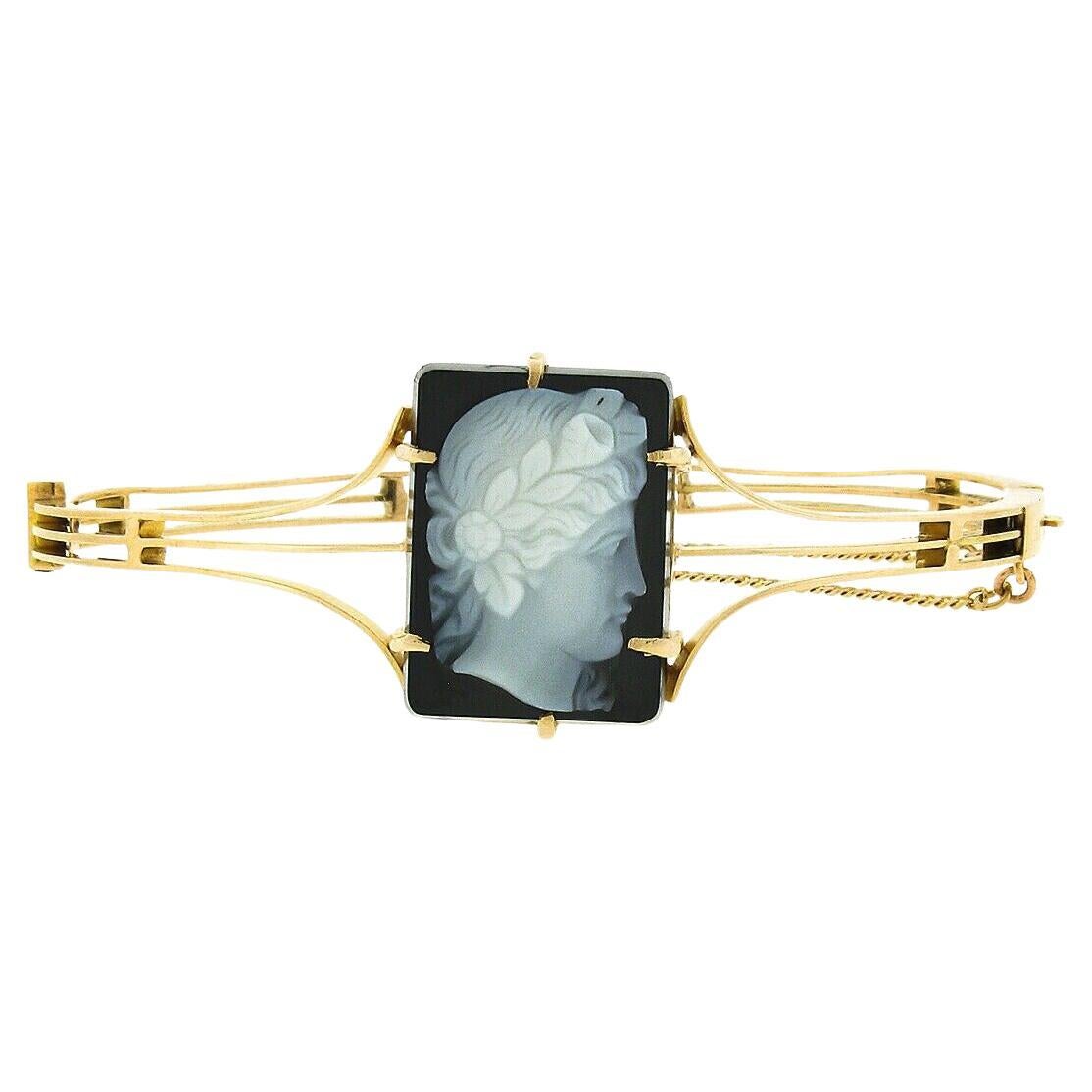 Antique Victorian 15k Gold Handmade Hardstone Cameo Hinged Open Bangle Bracelet