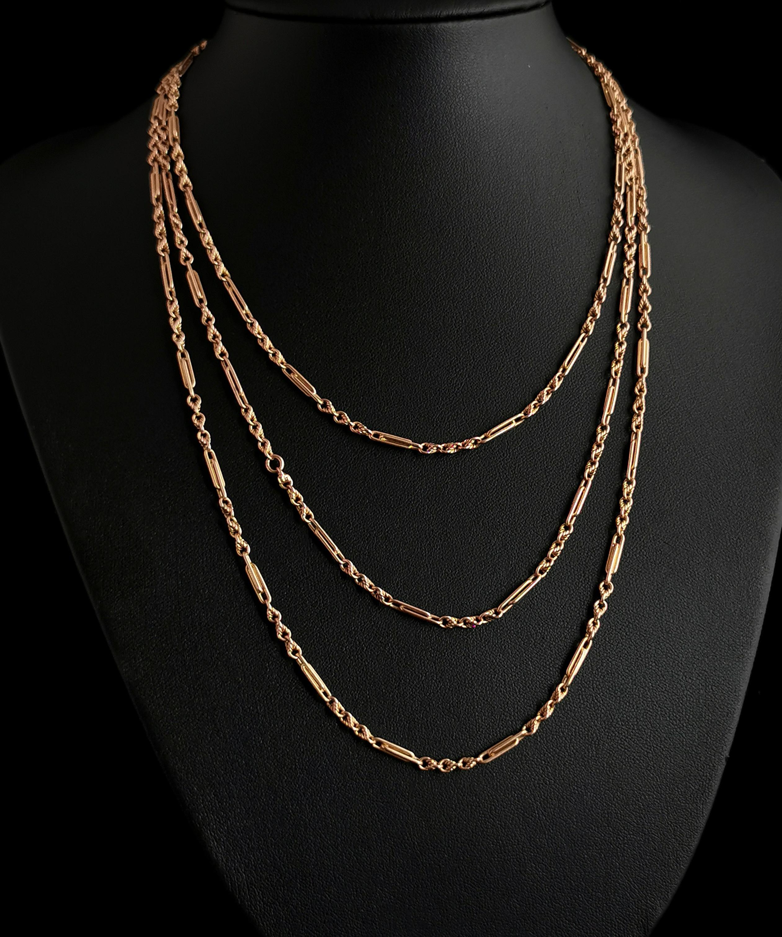 Antique Victorian 15k Gold Longuard Chain, Fancy Link Necklace 8
