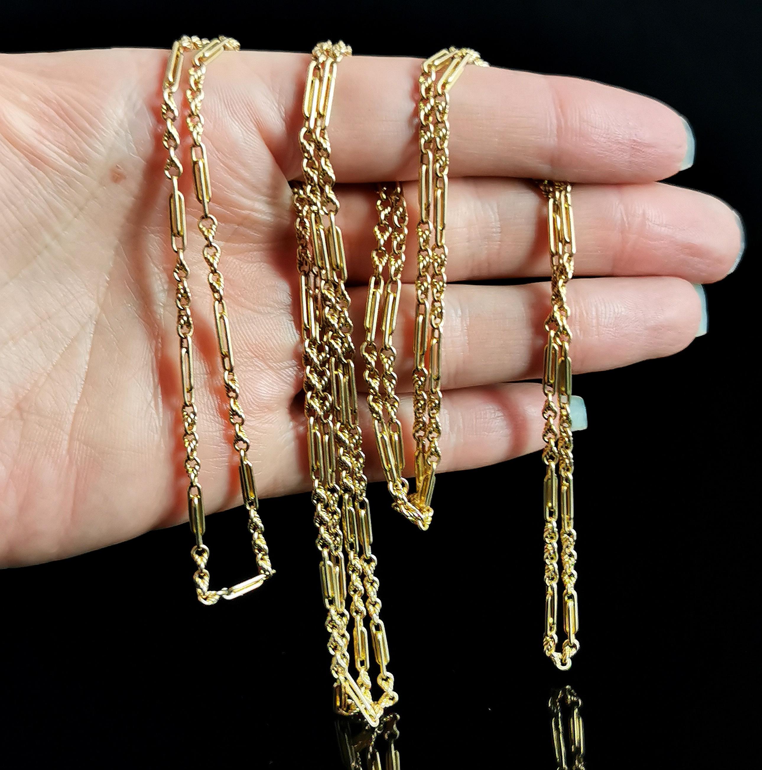 Women's Antique Victorian 15k Gold Longuard Chain, Fancy Link Necklace