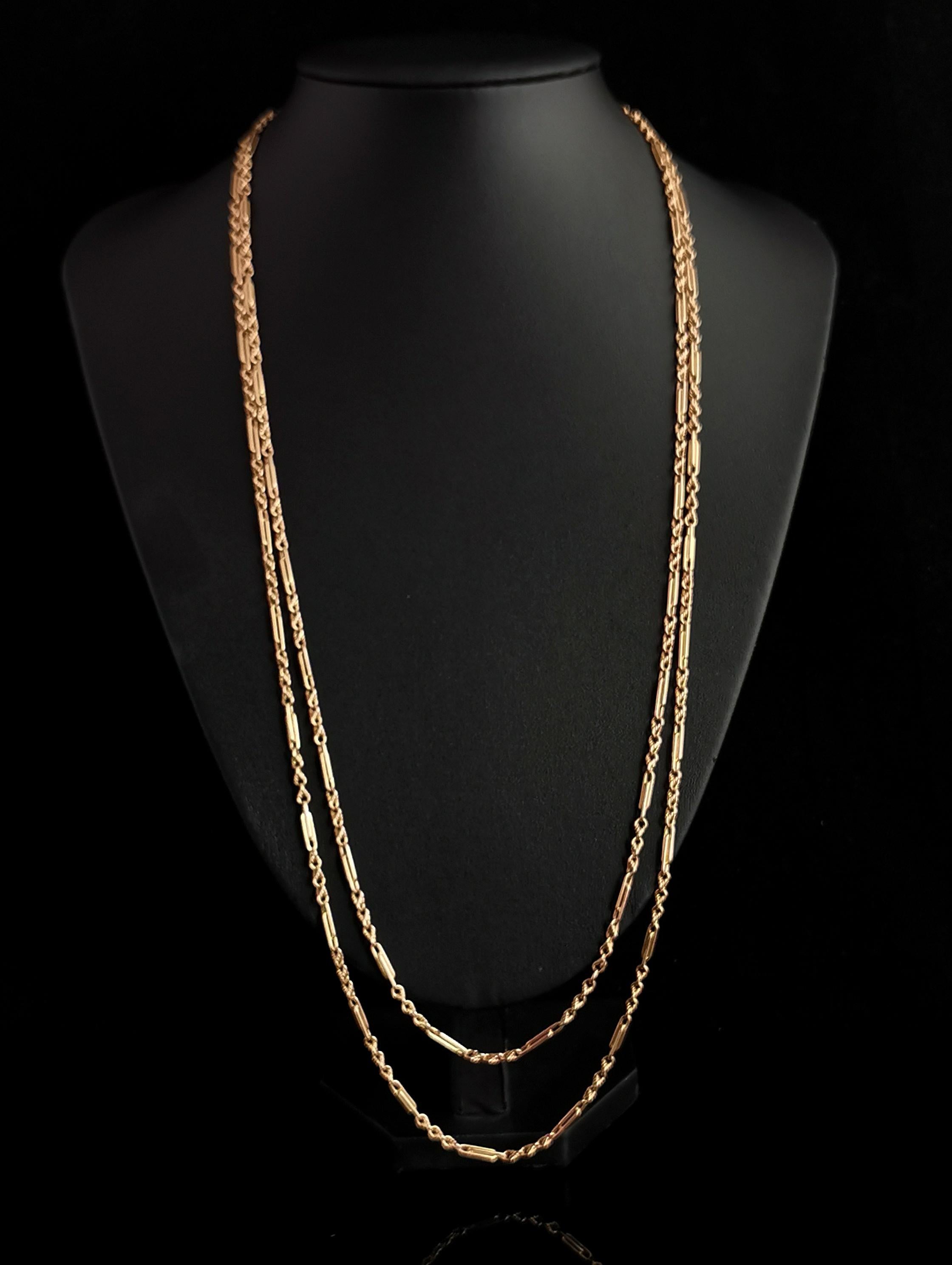 Antique Victorian 15k Gold Longuard Chain, Fancy Link Necklace 1