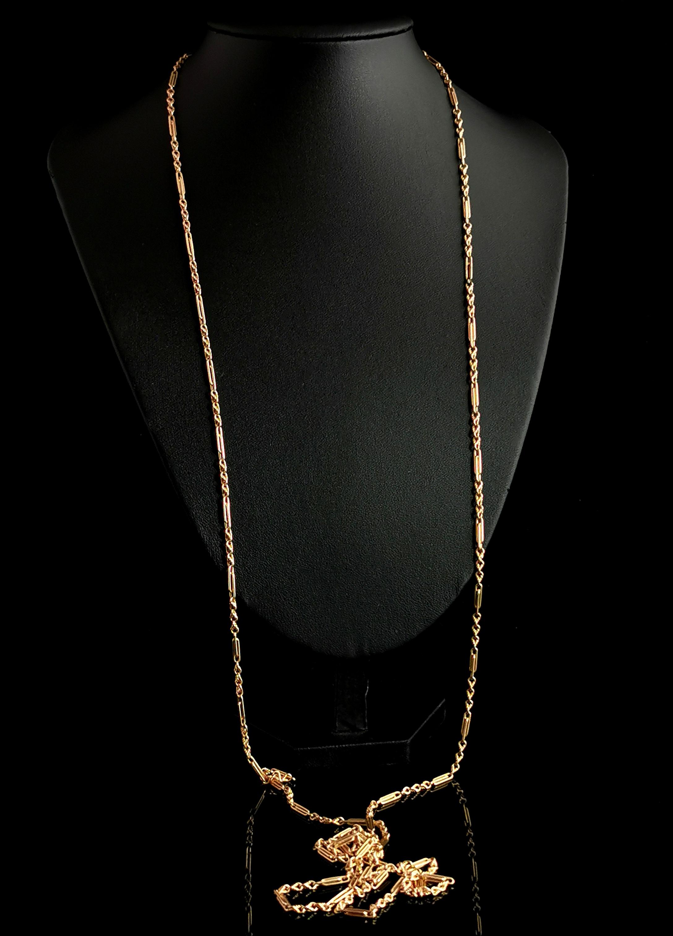 Antique Victorian 15k Gold Longuard Chain, Fancy Link Necklace 5