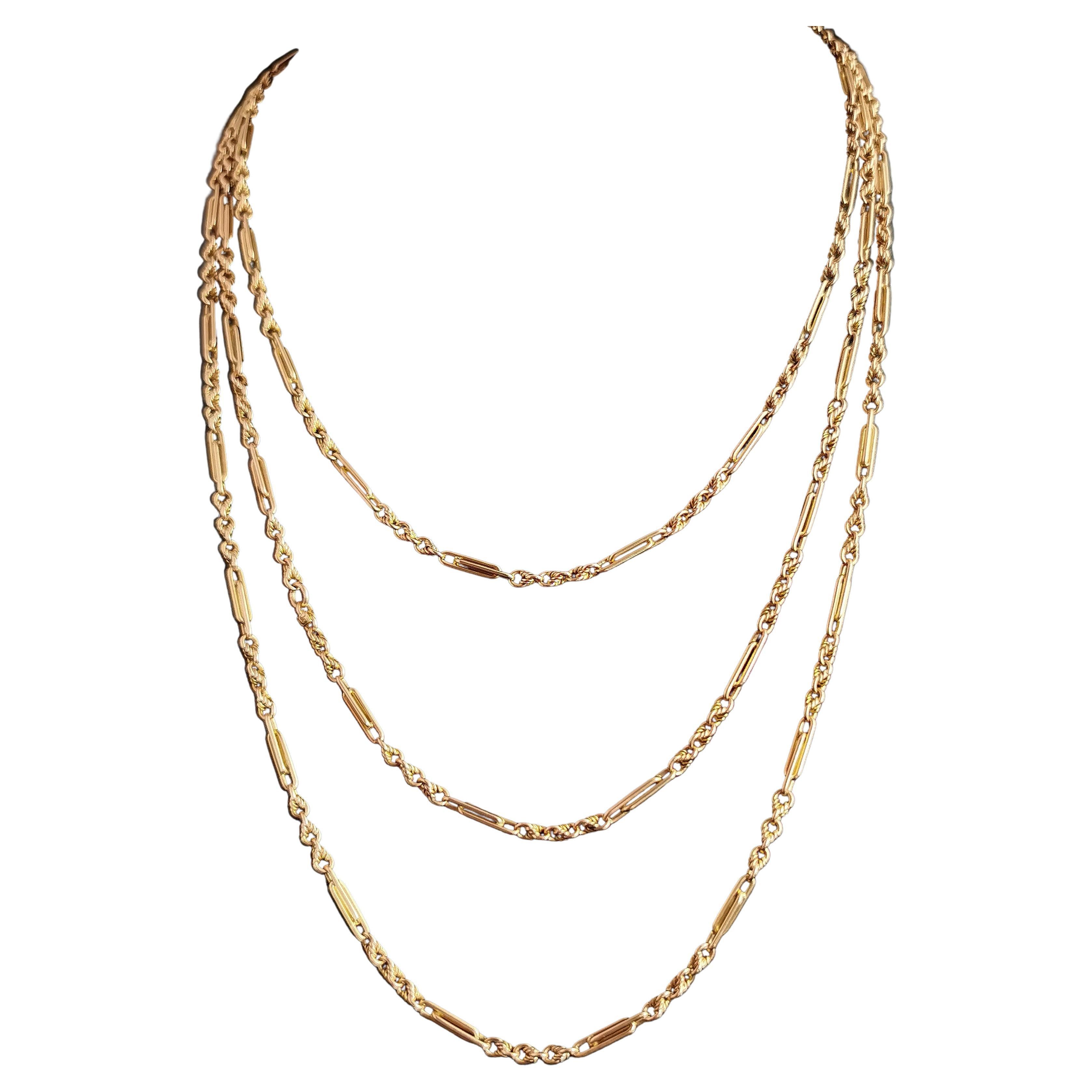 Antique Victorian 15k Gold Longuard Chain, Fancy Link Necklace