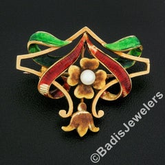 Antique Victorian 15k Gold Natural Pearl & Enamel Tulip Flower Open Brooch Pin