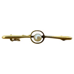 Antique Victorian 15K Gold Pearl 45mm Bar Brooch, with Security Chain.