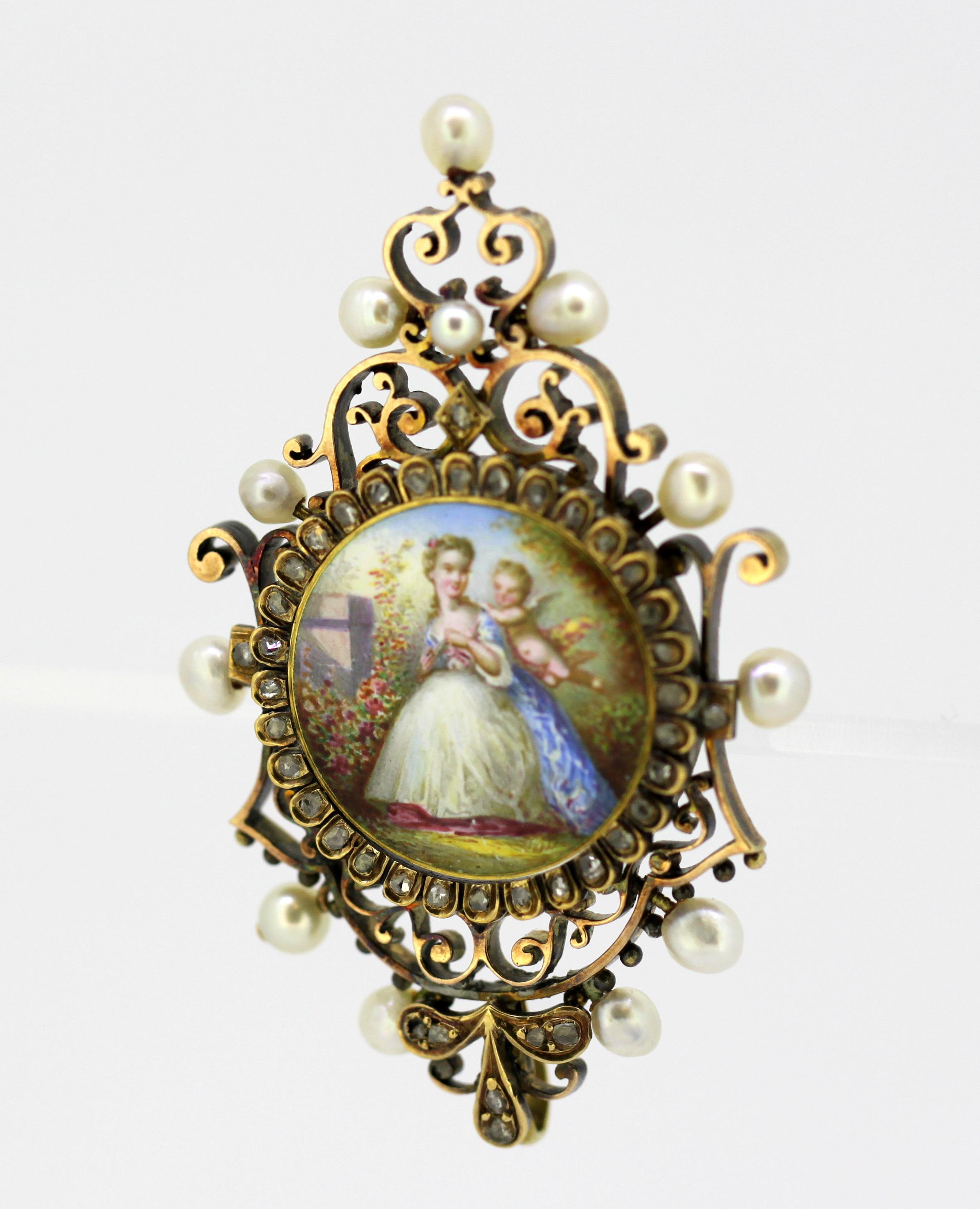Antique Victorian 15k gold pendant with enamel painting, diamonds and ...