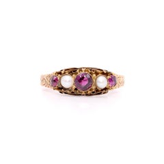 Antique Victorian 15K Gold Rhodolite Garnet and Pearl Ring with Engraved Band