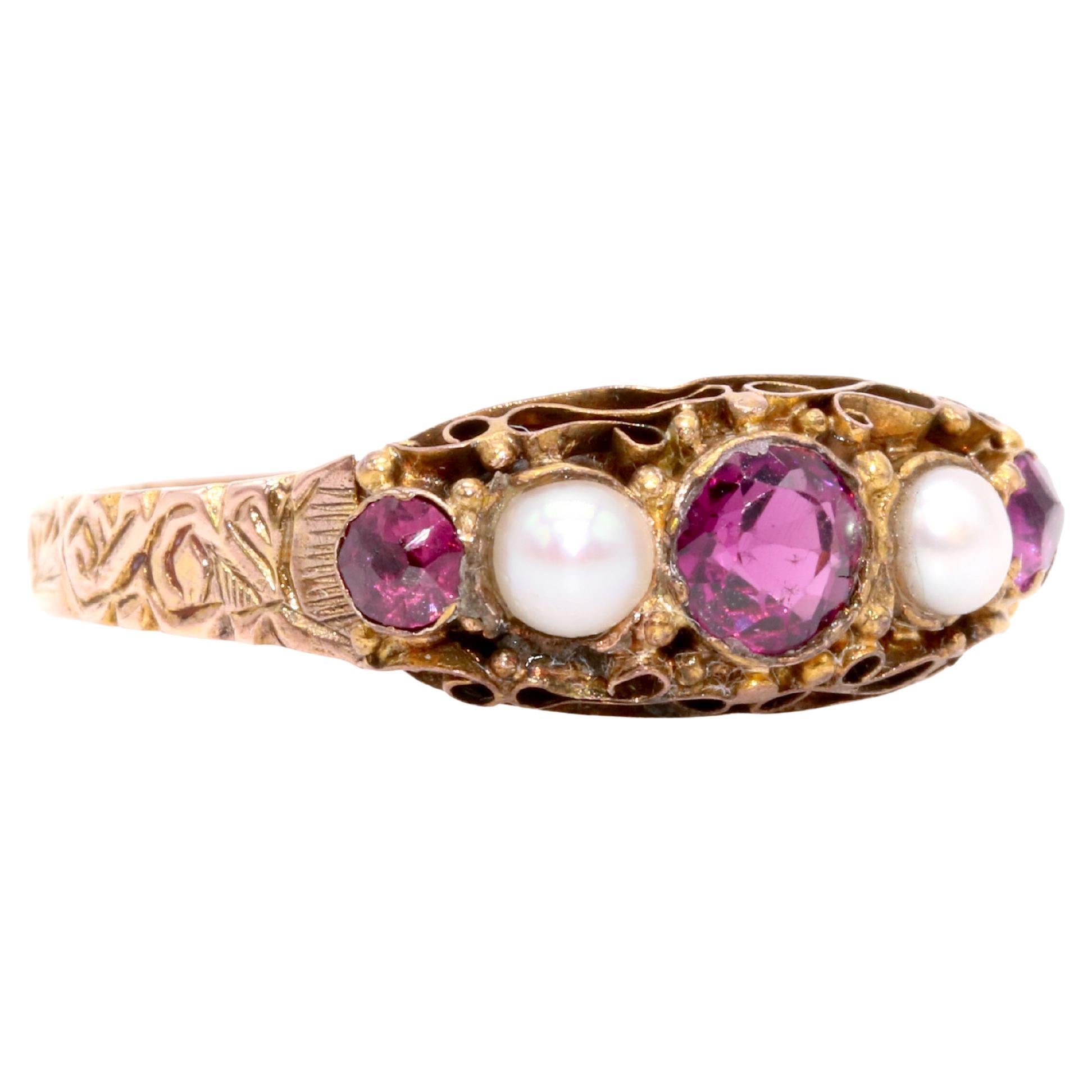 Antique Victorian 15K Gold Rhodolite Garnet and Pearl Ring with Engraved Band
