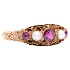 Antique Victorian 15K Gold Rhodolite Garnet and Pearl Ring with Engraved Band