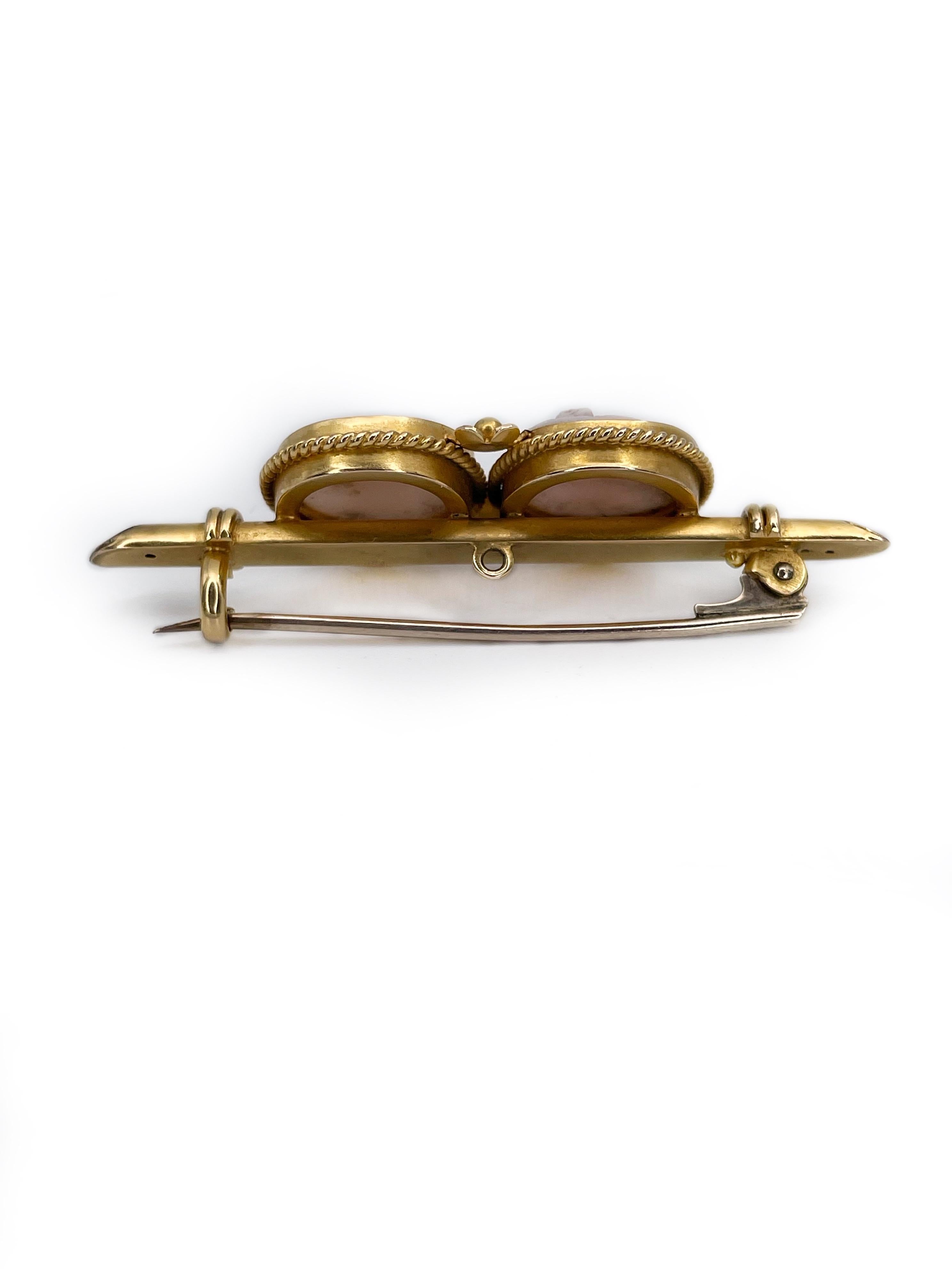 Antique Victorian 9 Karat Gold Right Facing Double Shell Cameo Bar Brooch In Good Condition In Vilnius, LT