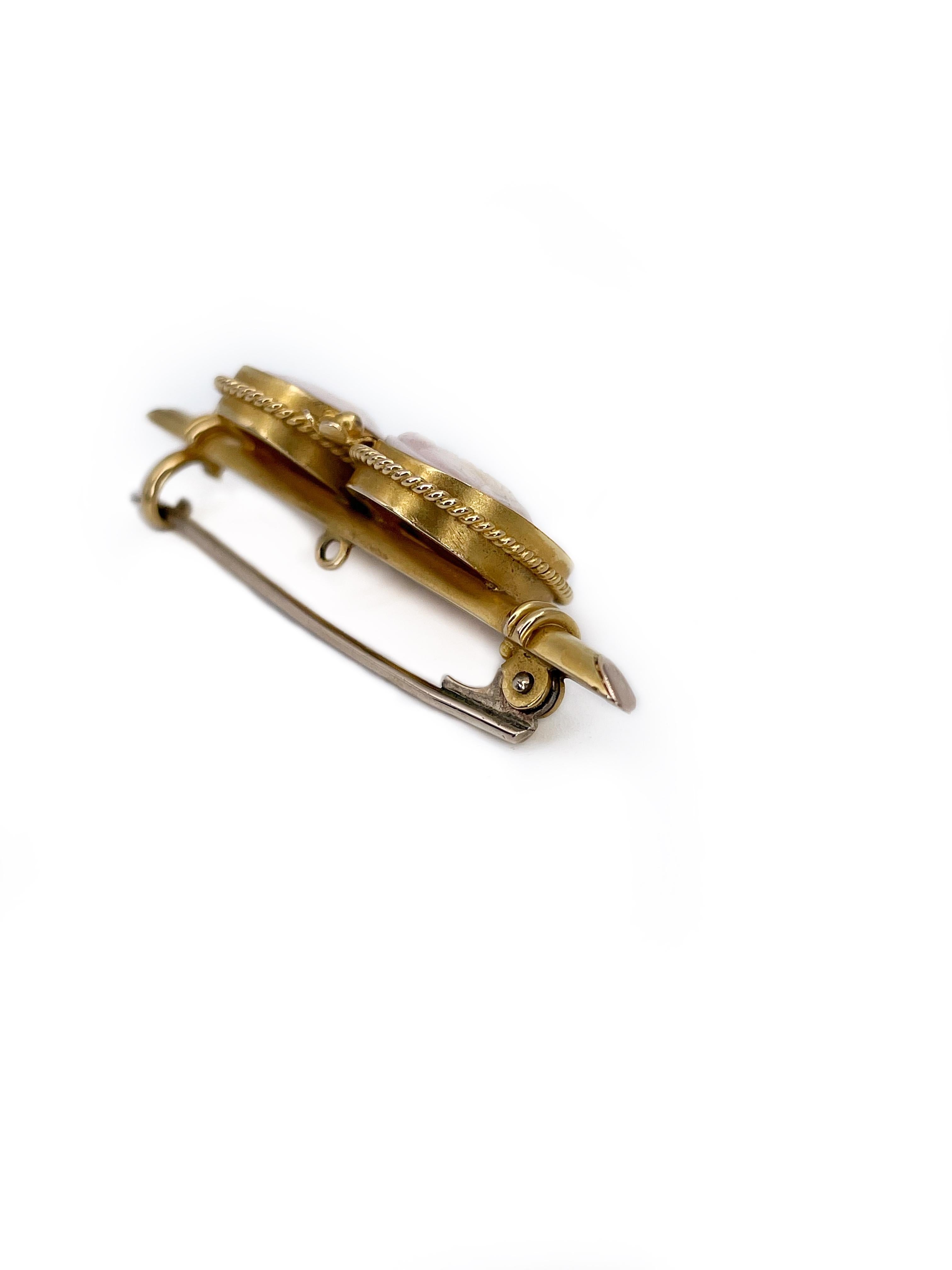 Antique Victorian 9 Karat Gold Right Facing Double Shell Cameo Bar Brooch 1