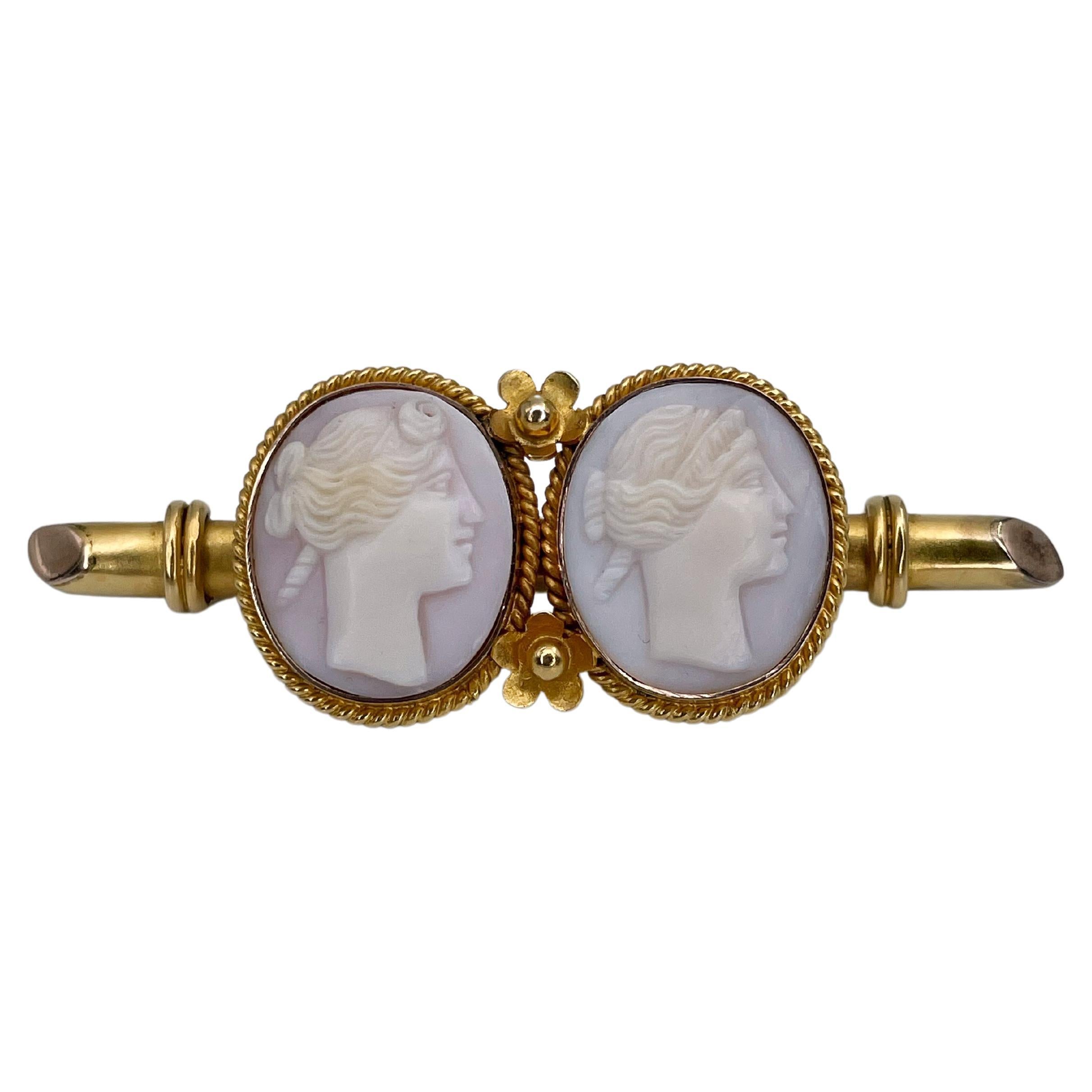 Antique Victorian 9 Karat Gold Right Facing Double Shell Cameo Bar Brooch