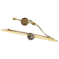 Antique Victorian 15K Gold, Rose Cut Diamond Daisy Cluster Bar Brooch (with pin)