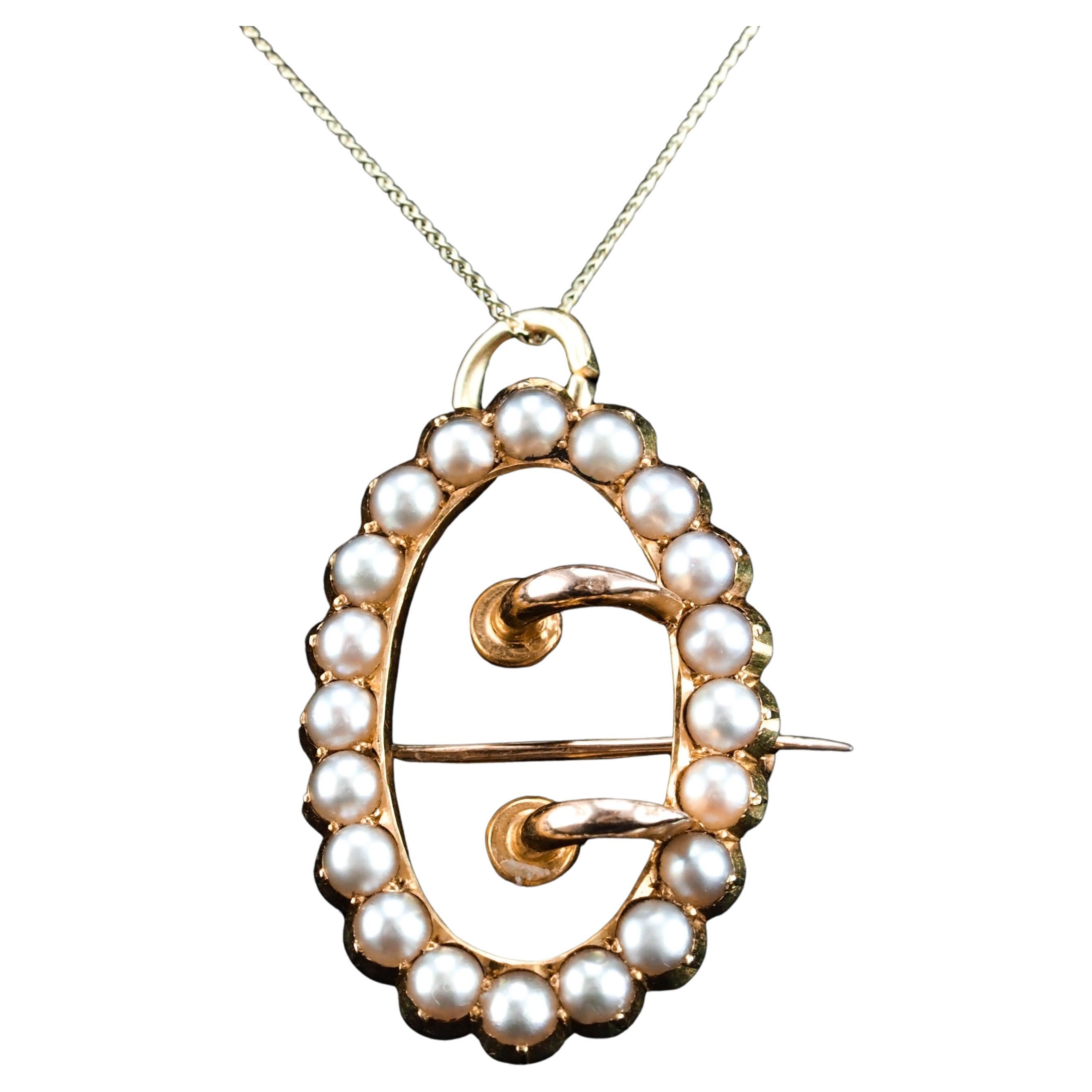 Collier broche pendentif victorien ancien en or 15 carats avec boucle en perles naturelles, c. 1890
