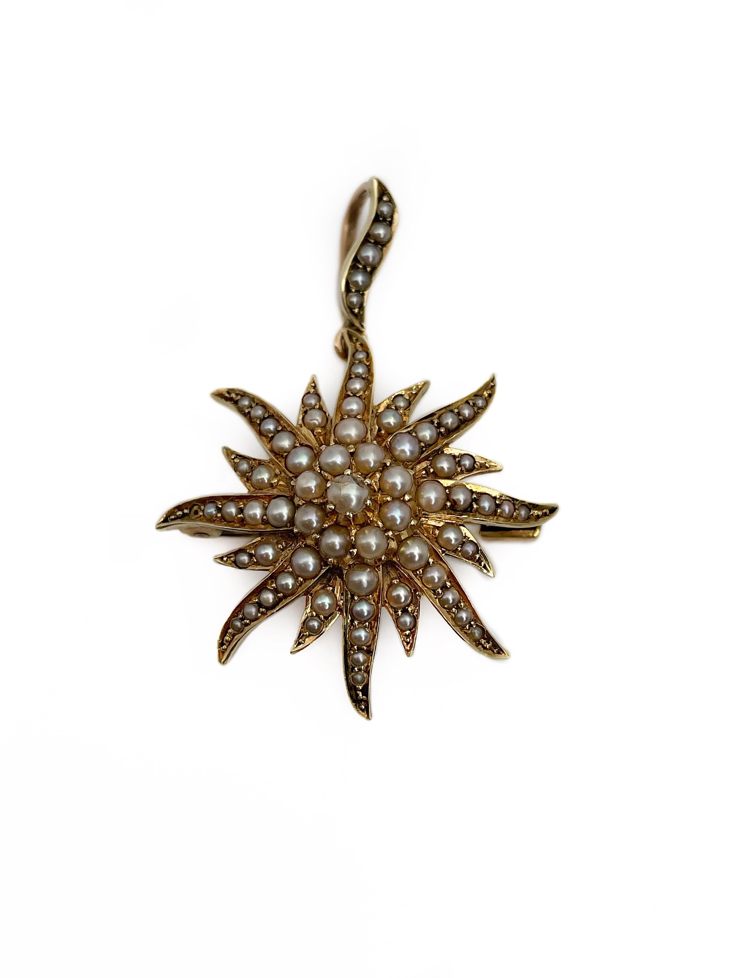 This is a lovely Victorian starburst pendant brooch crafted in 15K gold. The piece features seed pearls. One of them is missing and central has small cracks.

Weight: 5.27g
Length: 4cm
Width: 3cm