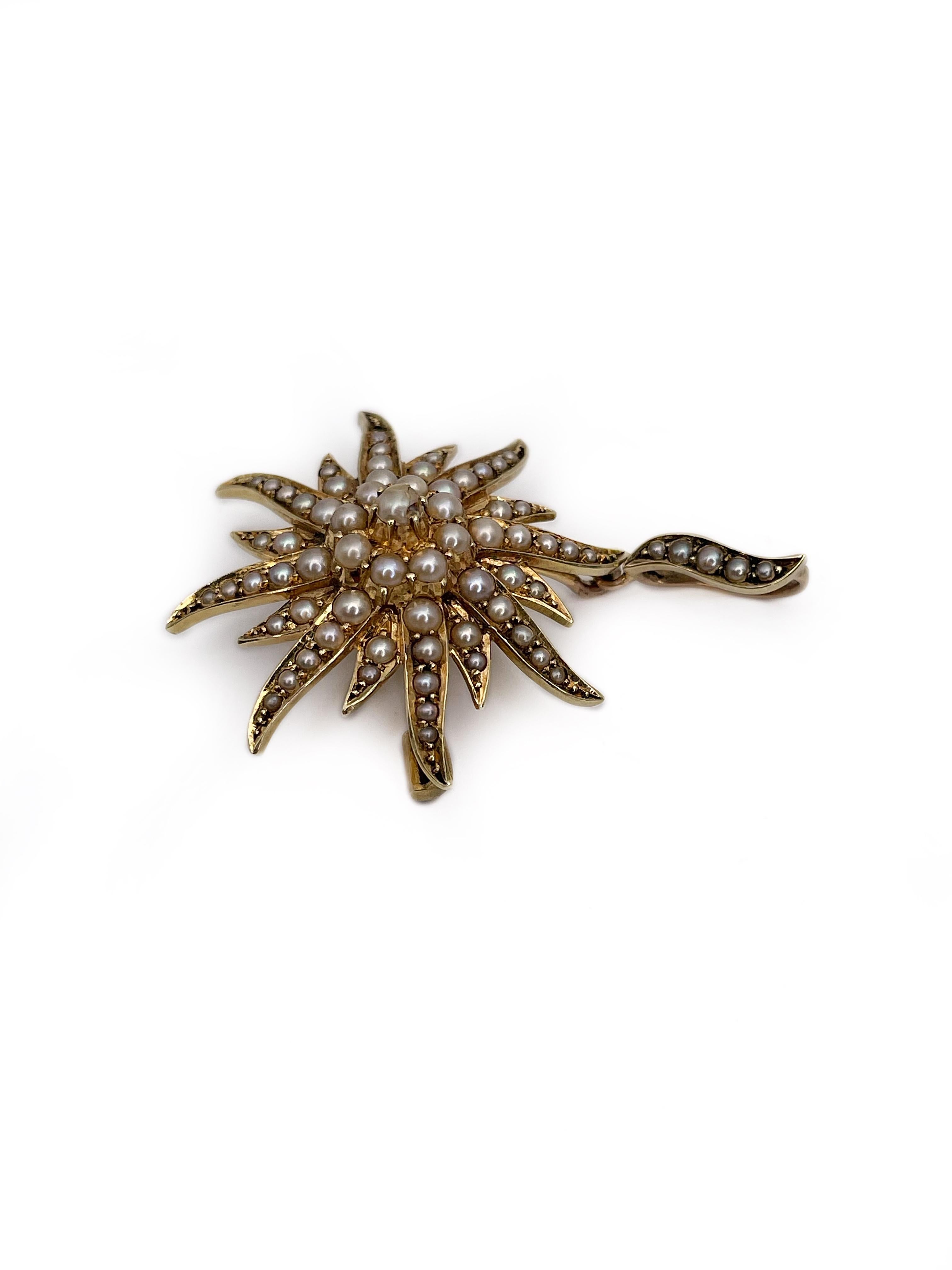 Antique Victorian 15K Gold Seed Pearl Starburst Pendant Brooch In Good Condition In Vilnius, LT