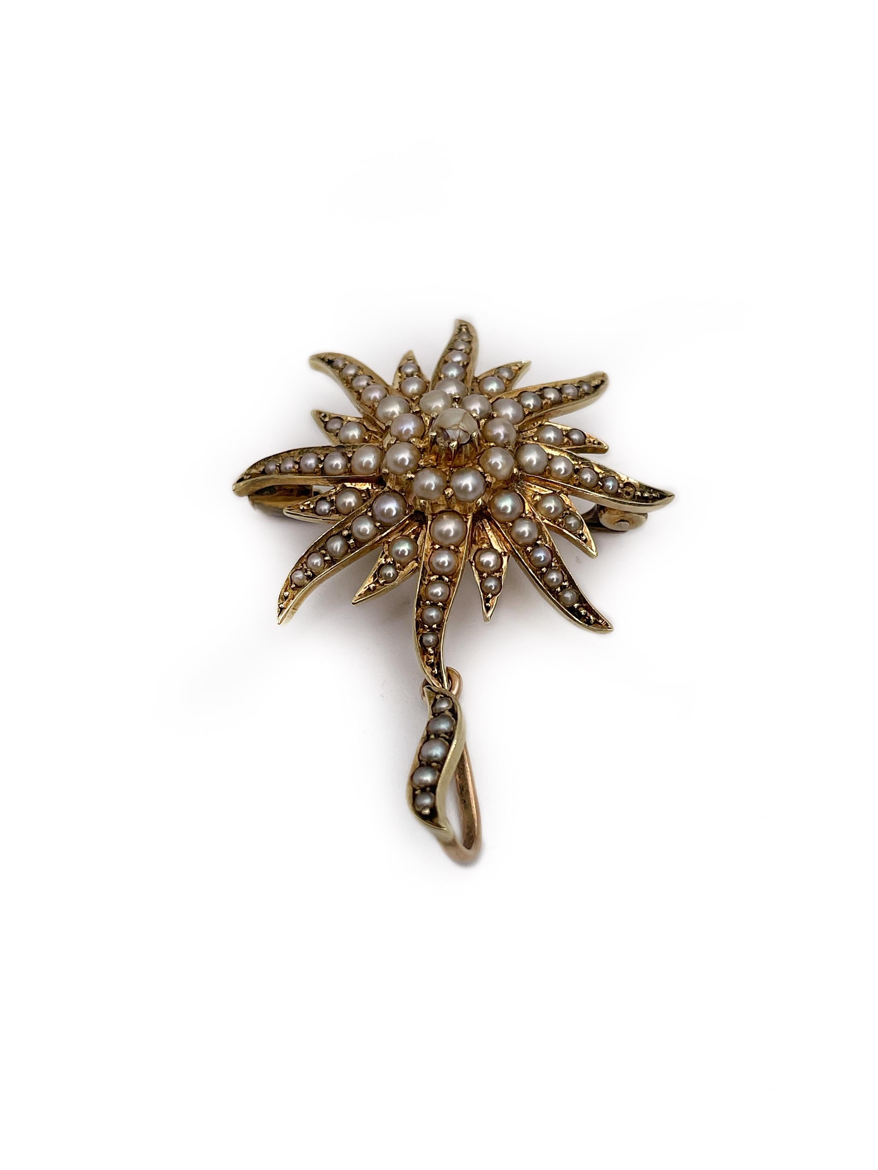 Women's or Men's Antique Victorian 15K Gold Seed Pearl Starburst Pendant Brooch