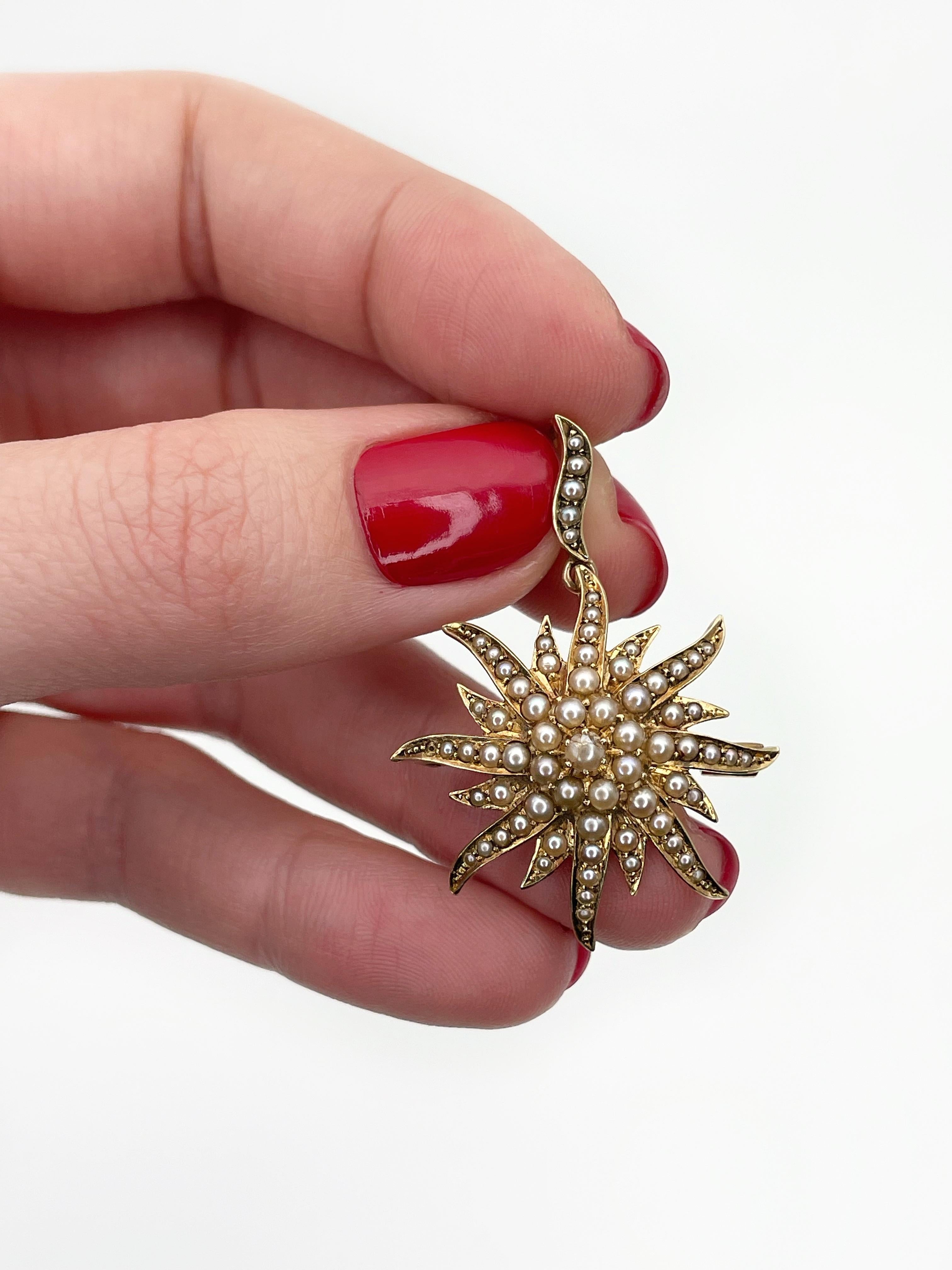 Antique Victorian 15K Gold Seed Pearl Starburst Pendant Brooch 2