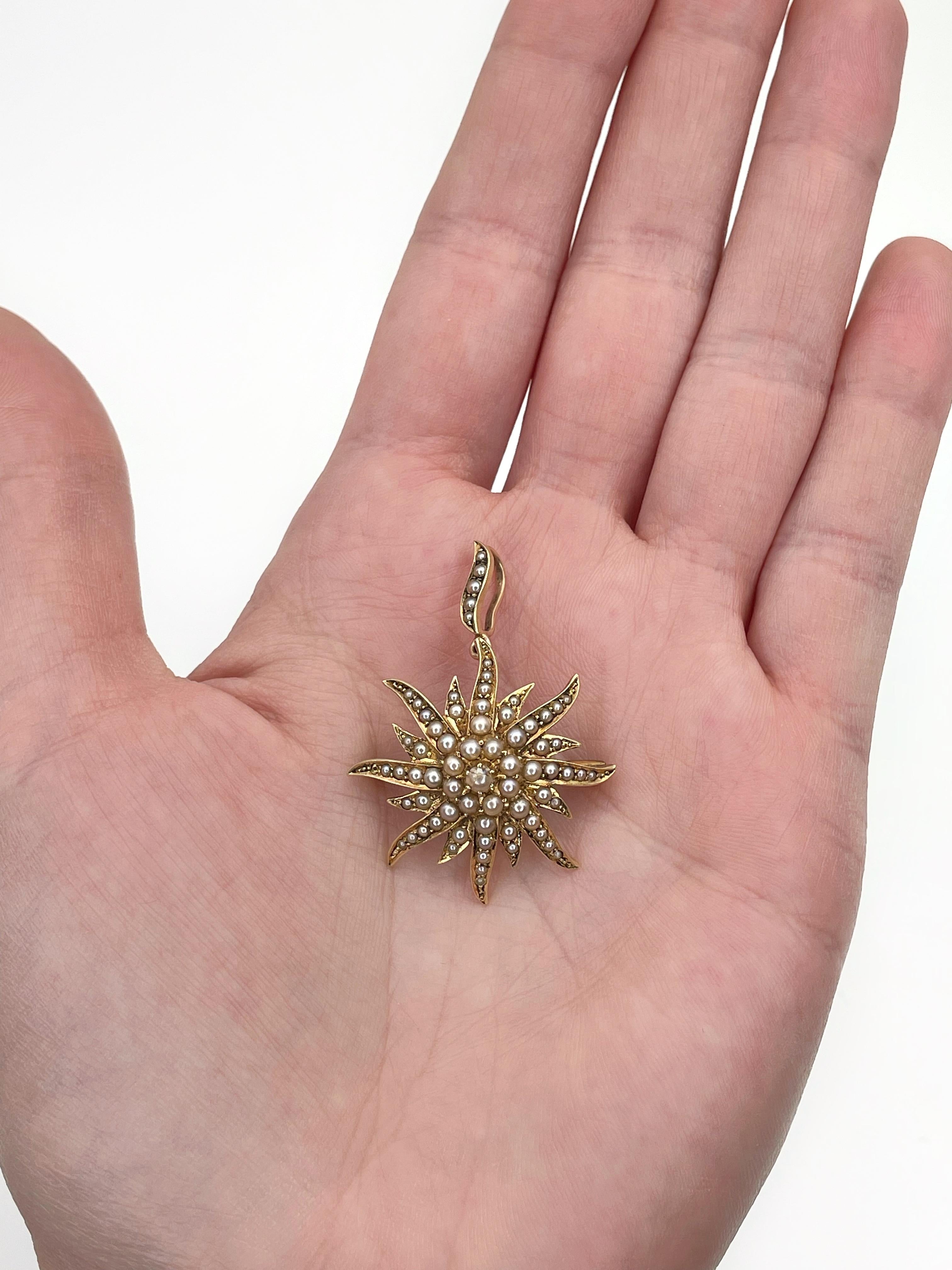 Antique Victorian 15K Gold Seed Pearl Starburst Pendant Brooch 3