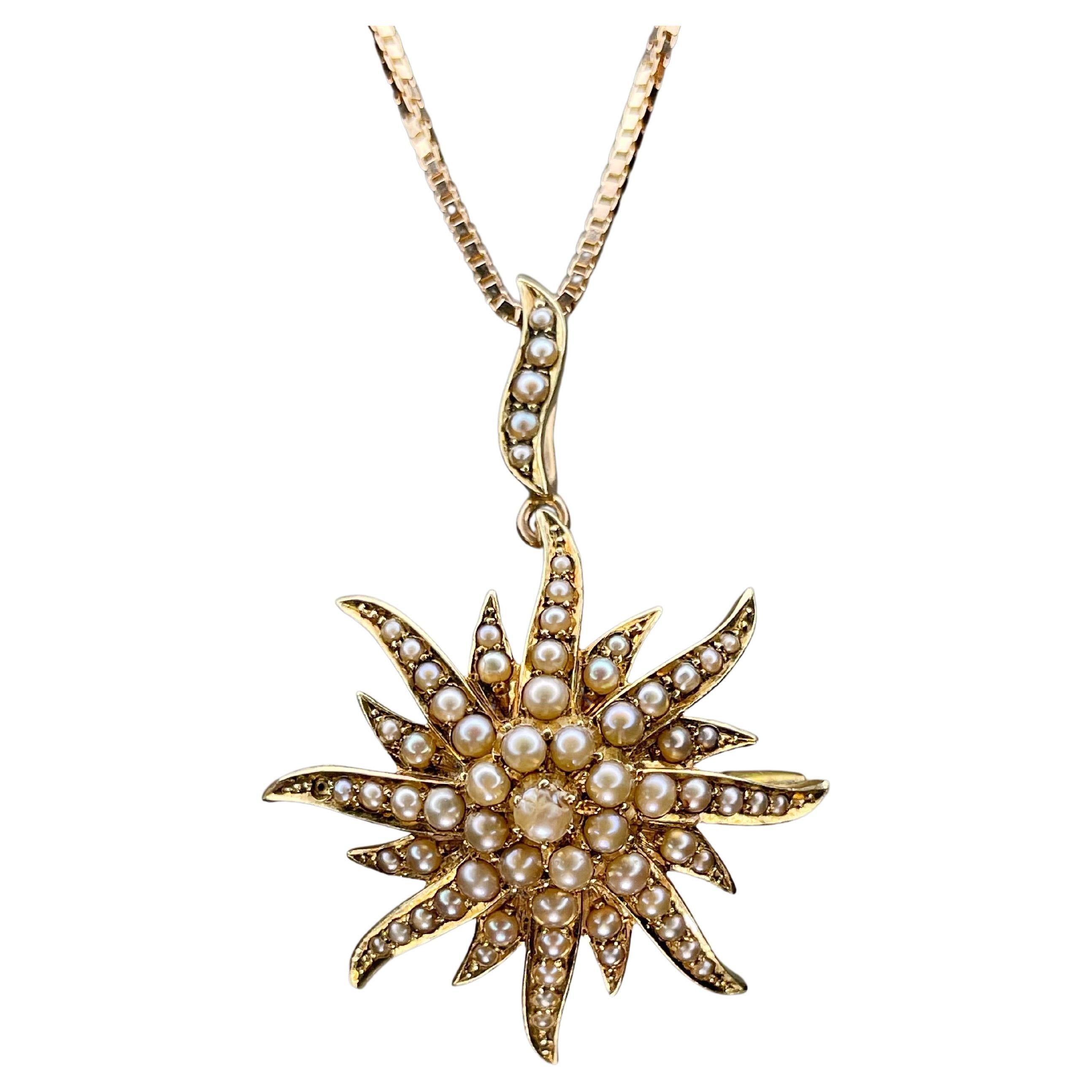 Antique Victorian 15K Gold Seed Pearl Starburst Pendant Brooch
