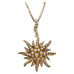 Antique Victorian 15K Gold Seed Pearl Starburst Pendant Brooch