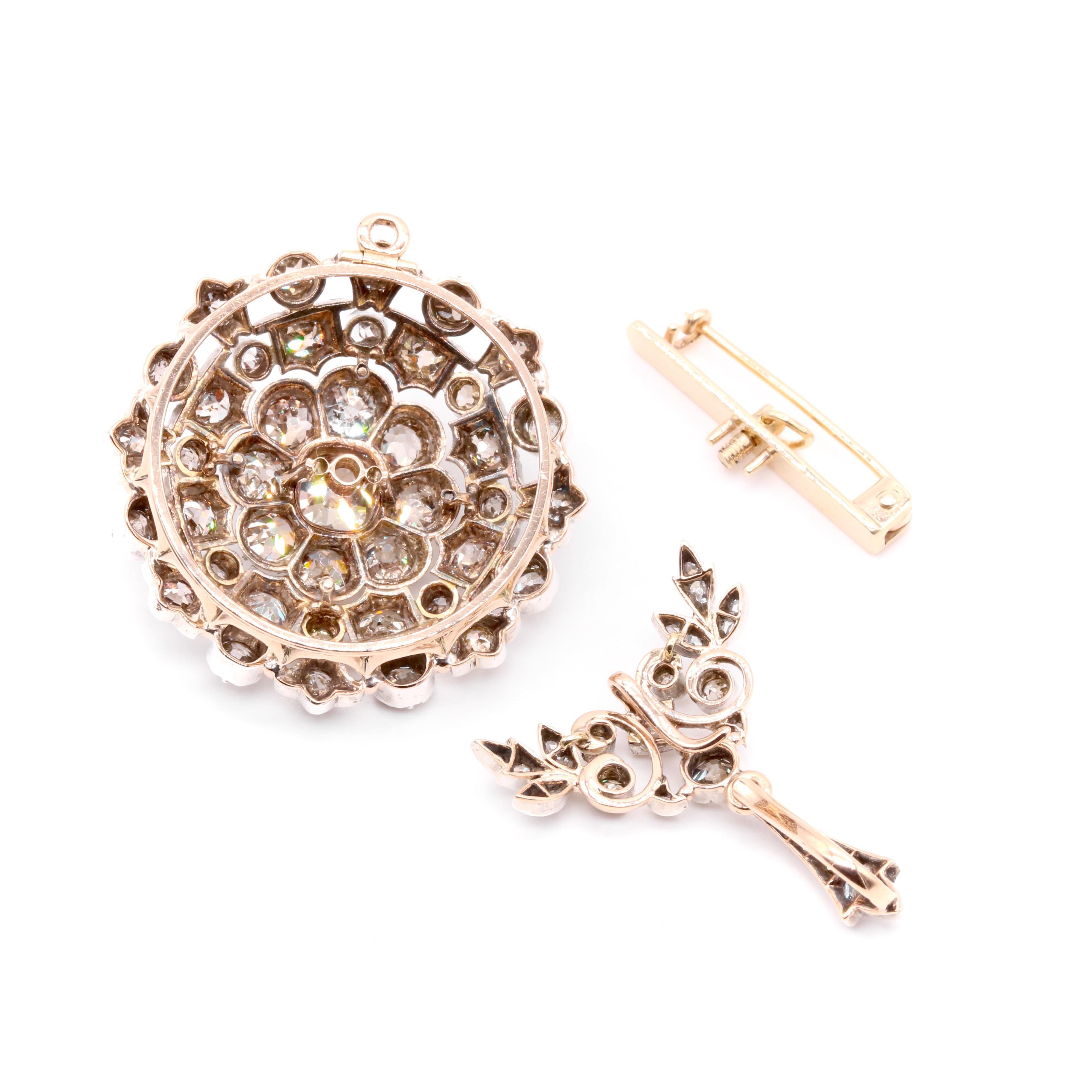 Antique Victorian 15K Gold & Silver 10.8ctw Old Cut Diamond Pendant & Brooch For Sale 6