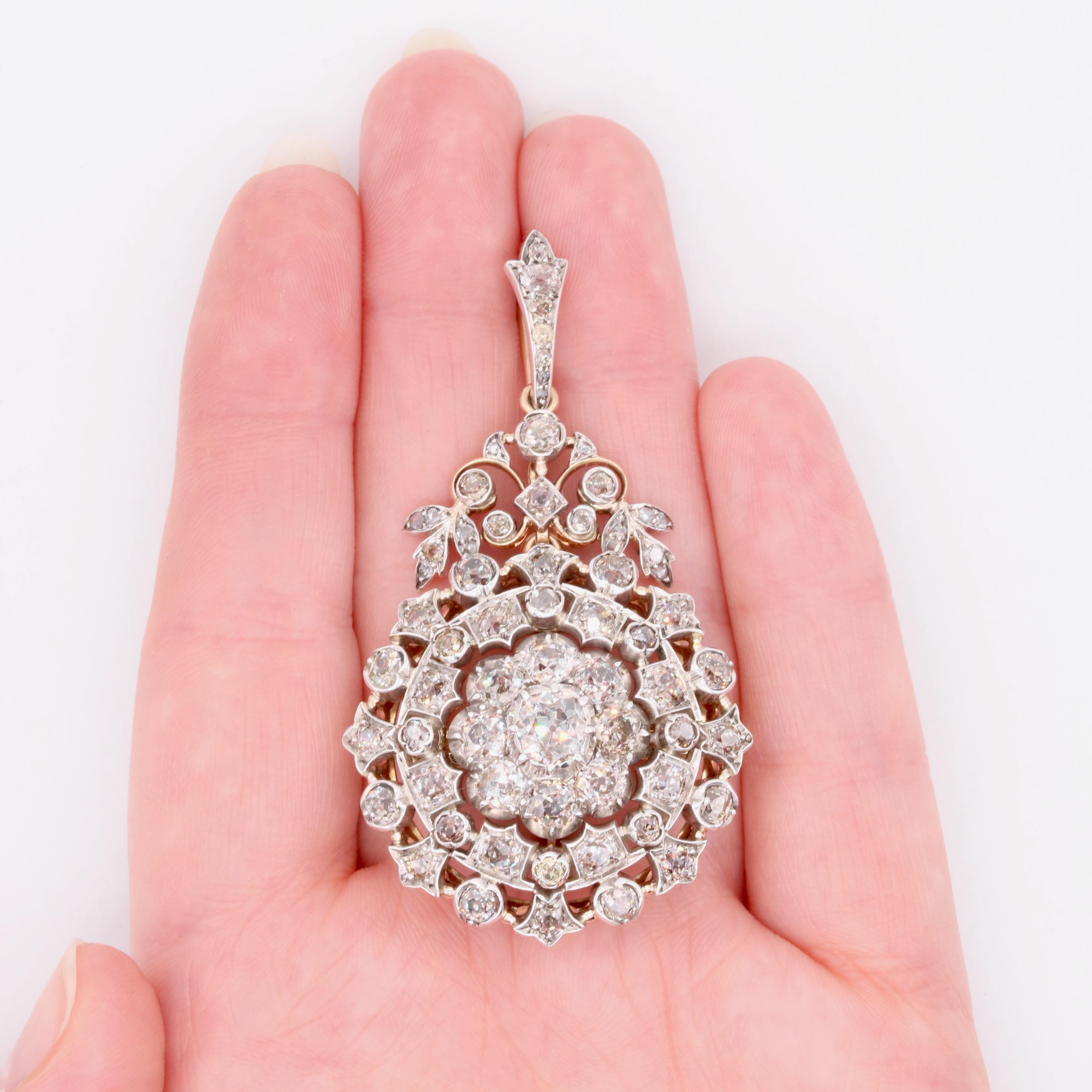 Antique Victorian 15K Gold & Silver 10.8ctw Old Cut Diamond Pendant & Brooch For Sale 11