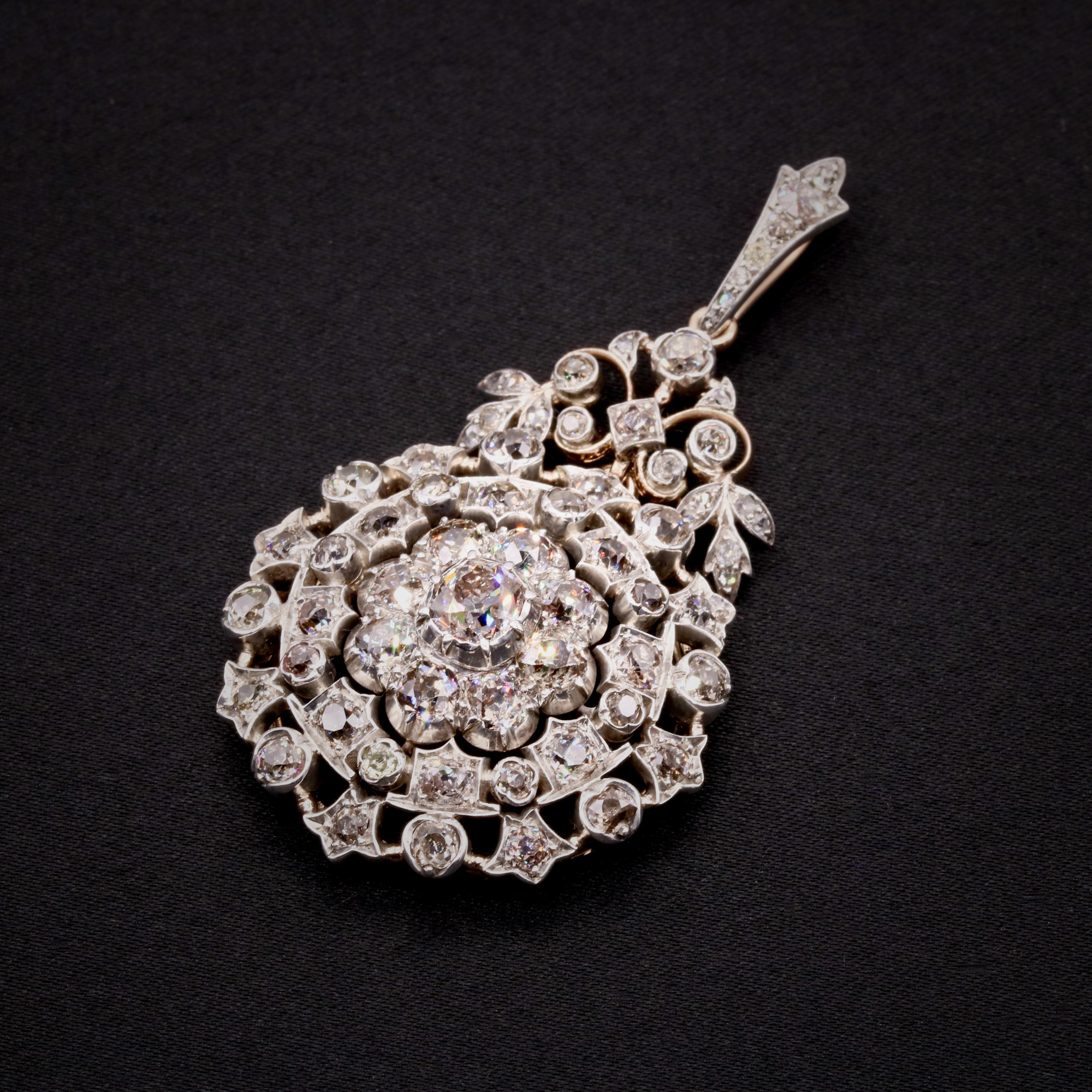Antique Victorian 15K Gold & Silver 10.8ctw Old Cut Diamond Pendant & Brooch In Good Condition For Sale In Staines-Upon-Thames, GB