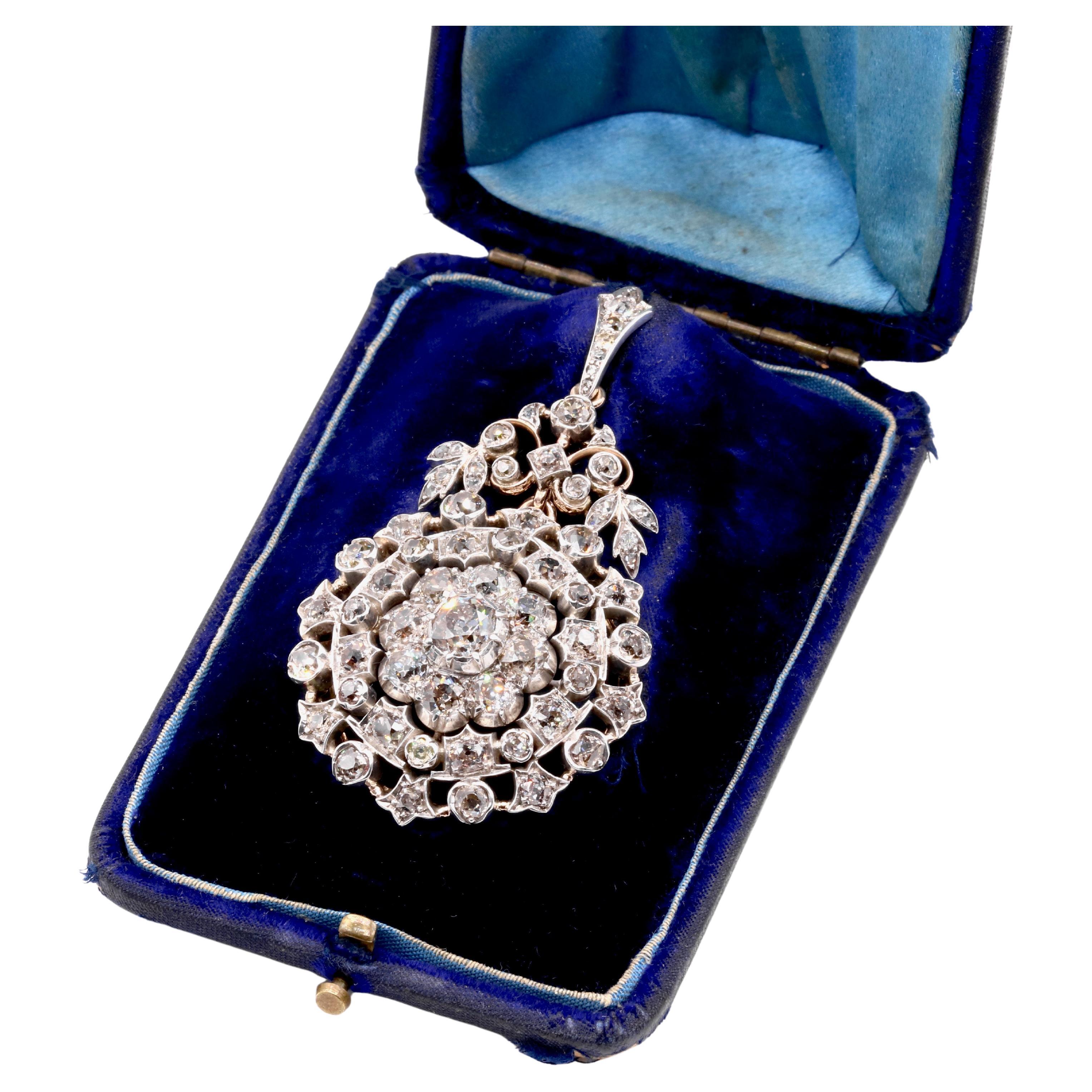 Pendentif et broche victorien ancien en or et argent 15 carats avec diamants taille ancienne de 10,8 carats en vente