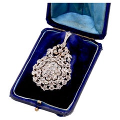 Colgante y broche victoriano antiguo de oro de 15 quilates y plata con diamantes talla antigua de 10,8 quilates