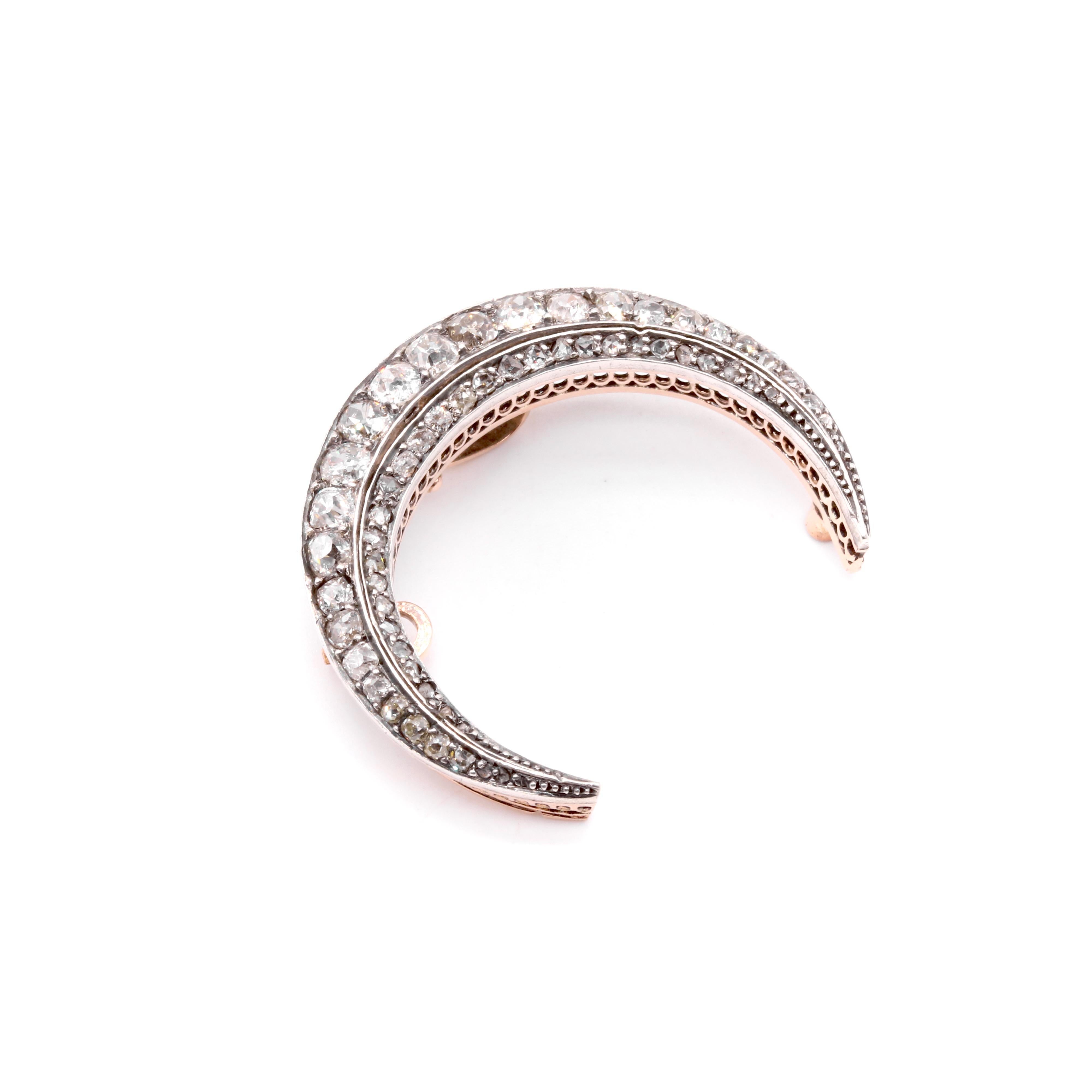 Antique Victorian 15K Gold & Silver 2.39ctw Diamond Crescent Brooch or Pendant For Sale 5