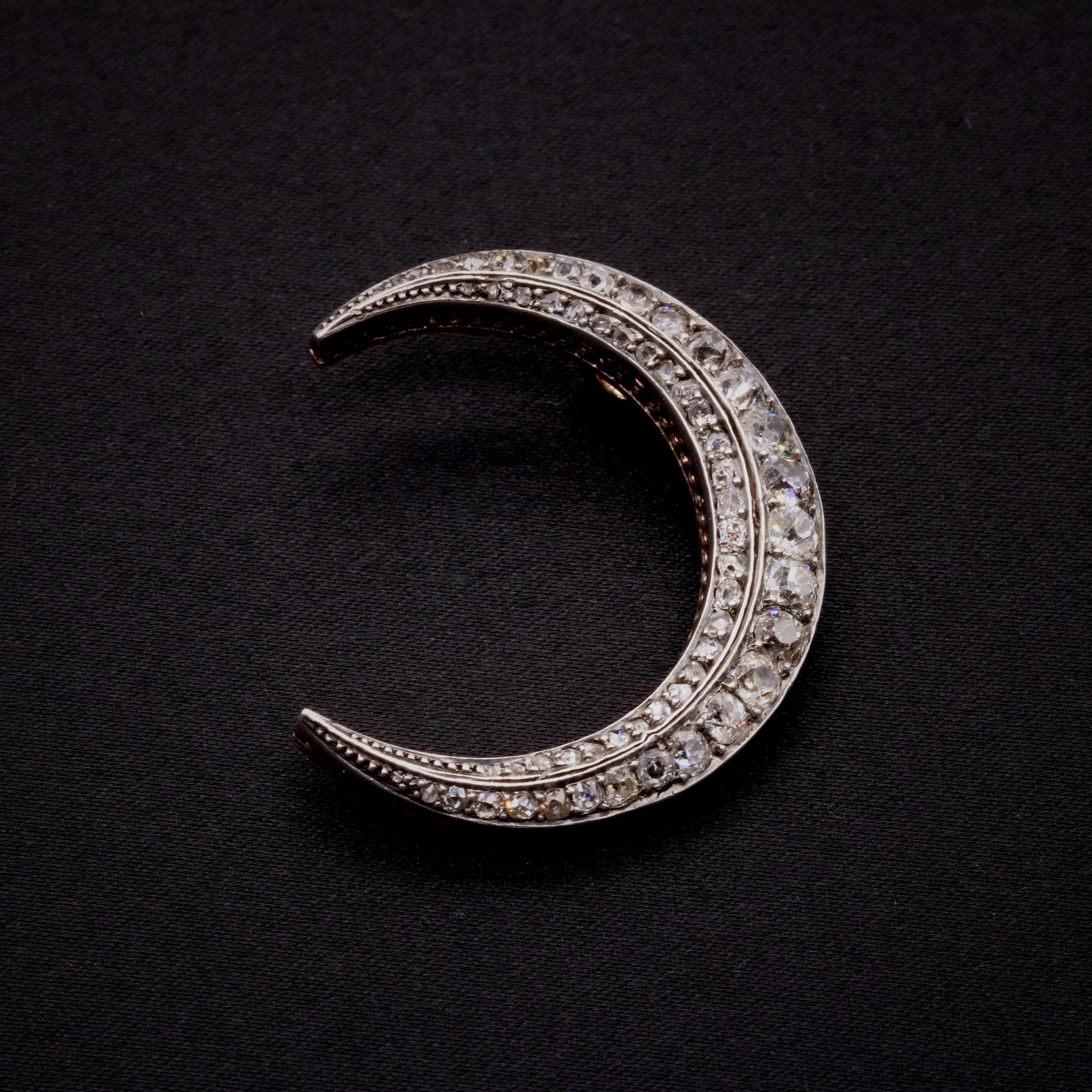 Antique Victorian 15K Gold & Silver 2.39ctw Diamond Crescent Brooch or Pendant For Sale 7