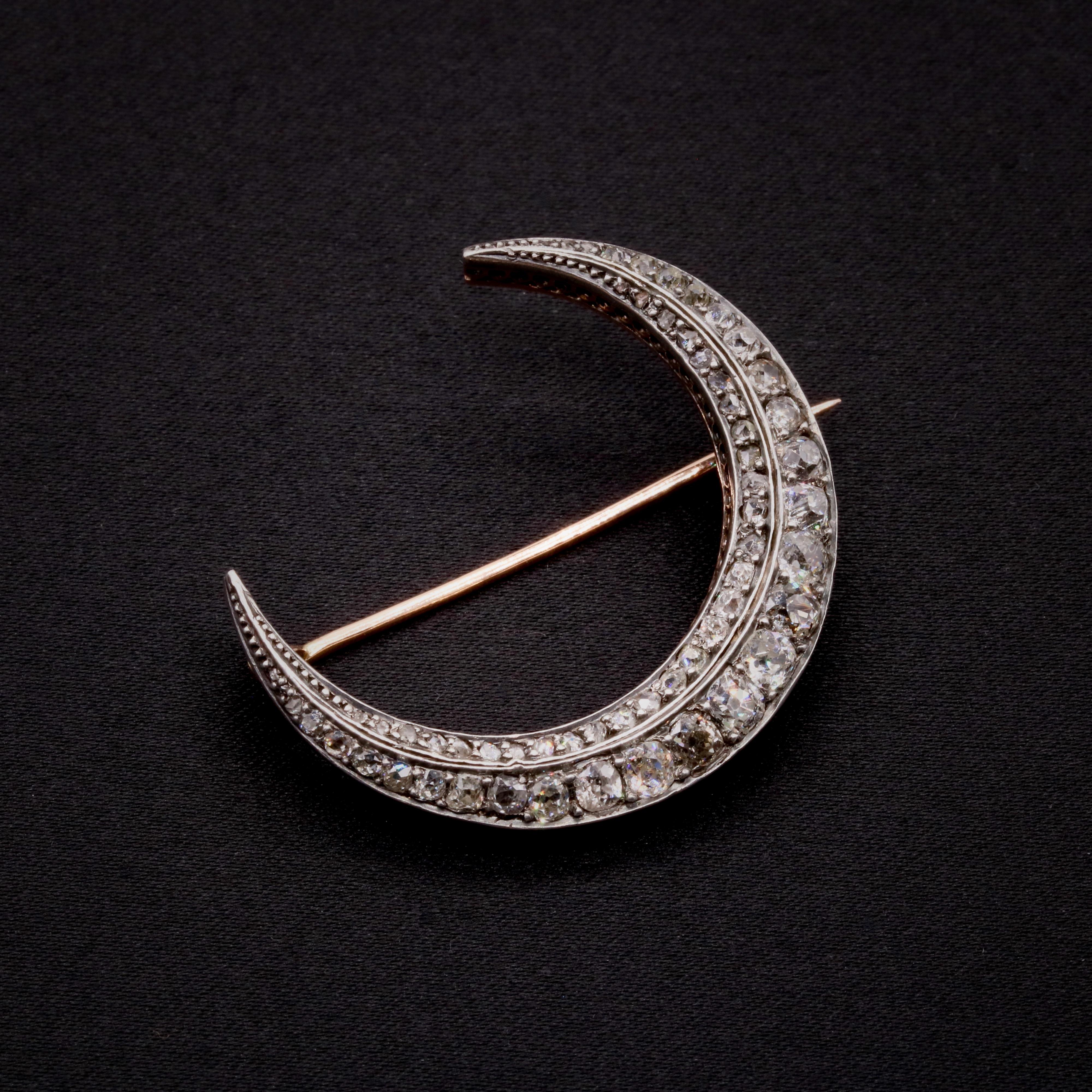 Old Mine Cut Antique Victorian 15K Gold & Silver 2.39ctw Diamond Crescent Brooch or Pendant For Sale