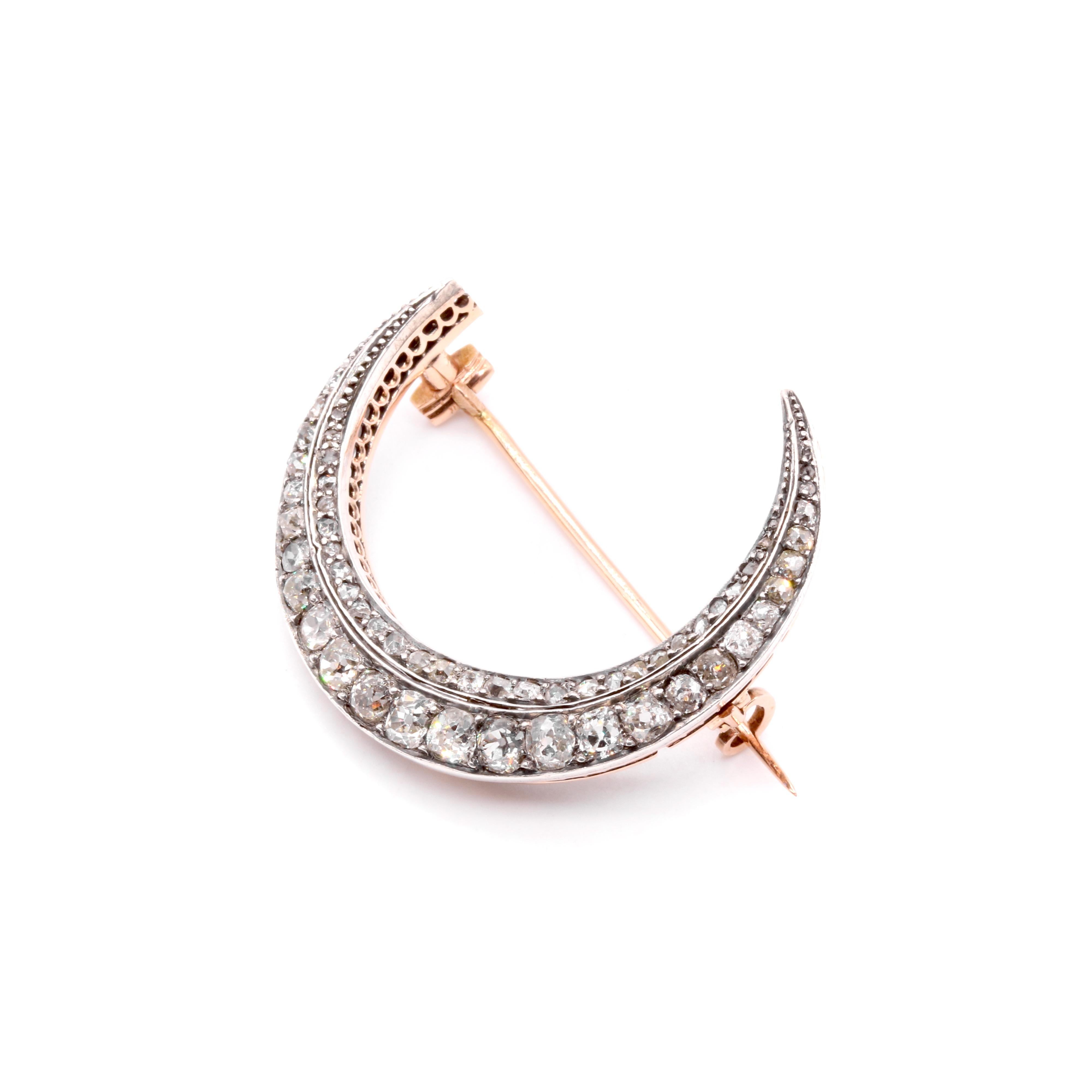 Antique Victorian 15K Gold & Silver 2.39ctw Diamond Crescent Brooch or Pendant For Sale 2