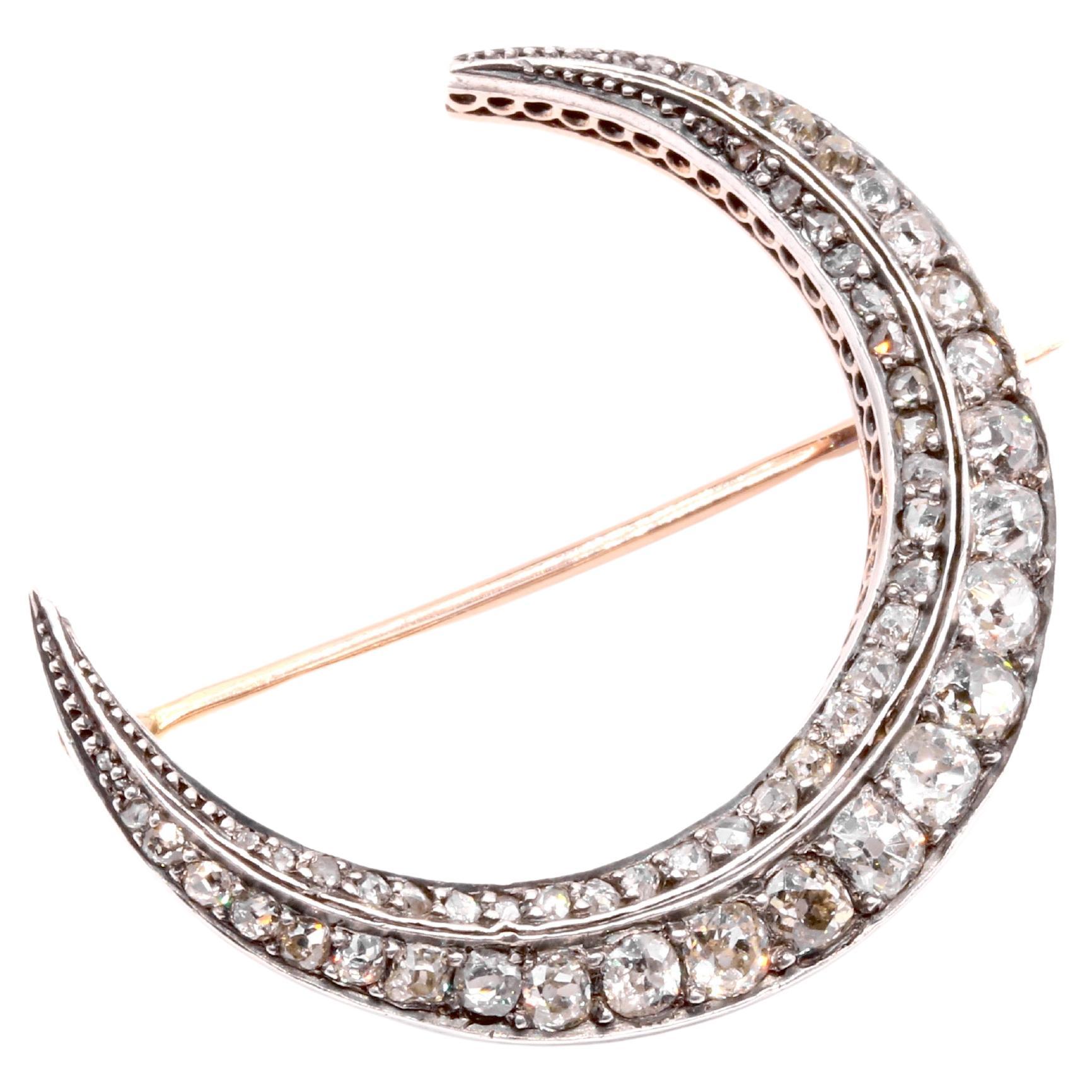 Antique Victorian 15K Gold & Silver 2.39ctw Diamond Crescent Brooch or Pendant For Sale
