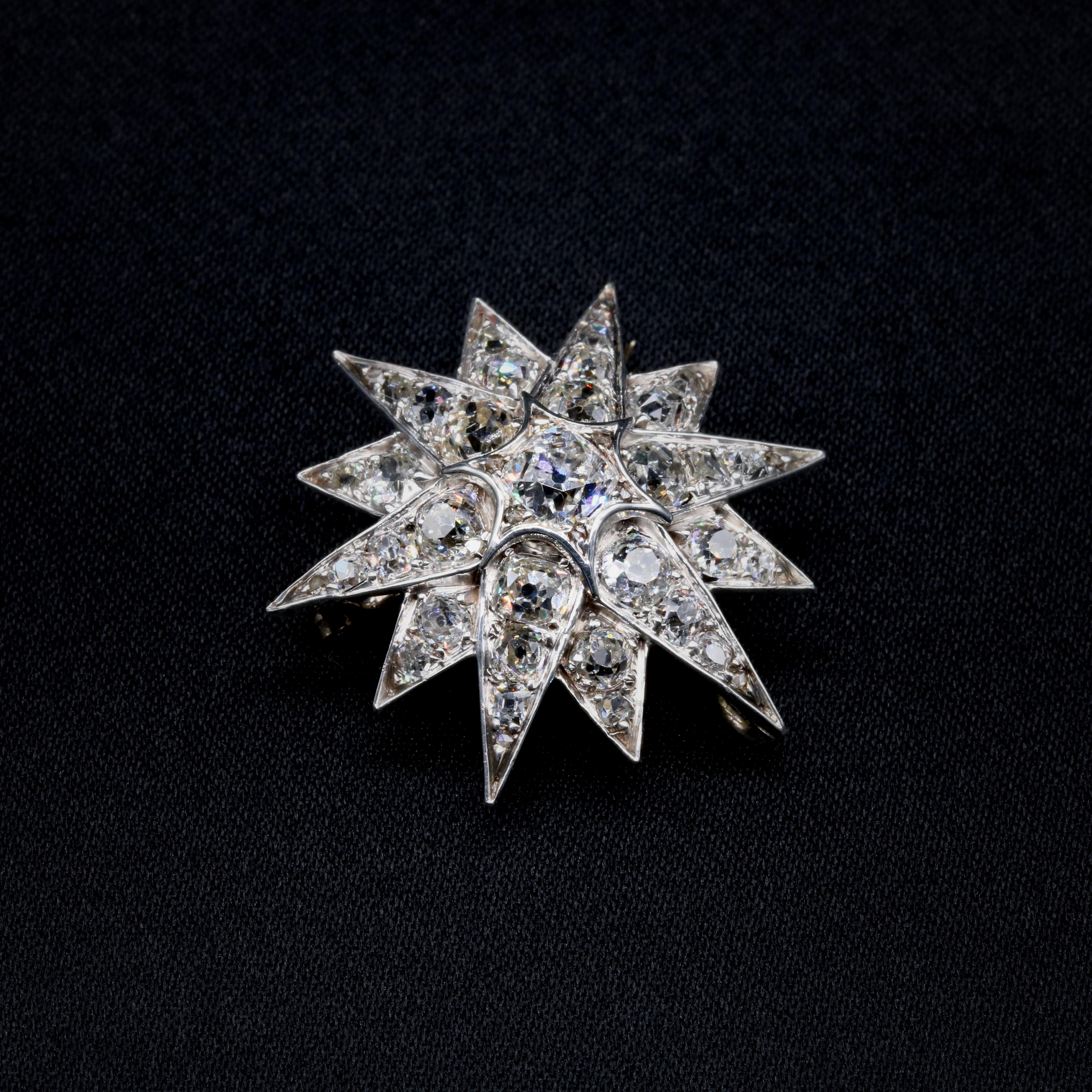 Old Mine Cut Antique Victorian 15K Gold & Silver 3.2ctw Old Cut Diamond Star Brooch & Pendant For Sale